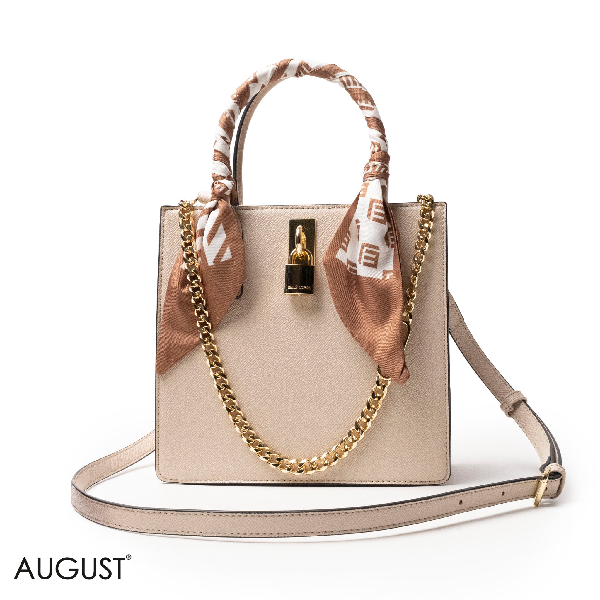 CREAMY LEATHER HANDBAG WITH SILKY SCARF, METAL CHAIN - MED
