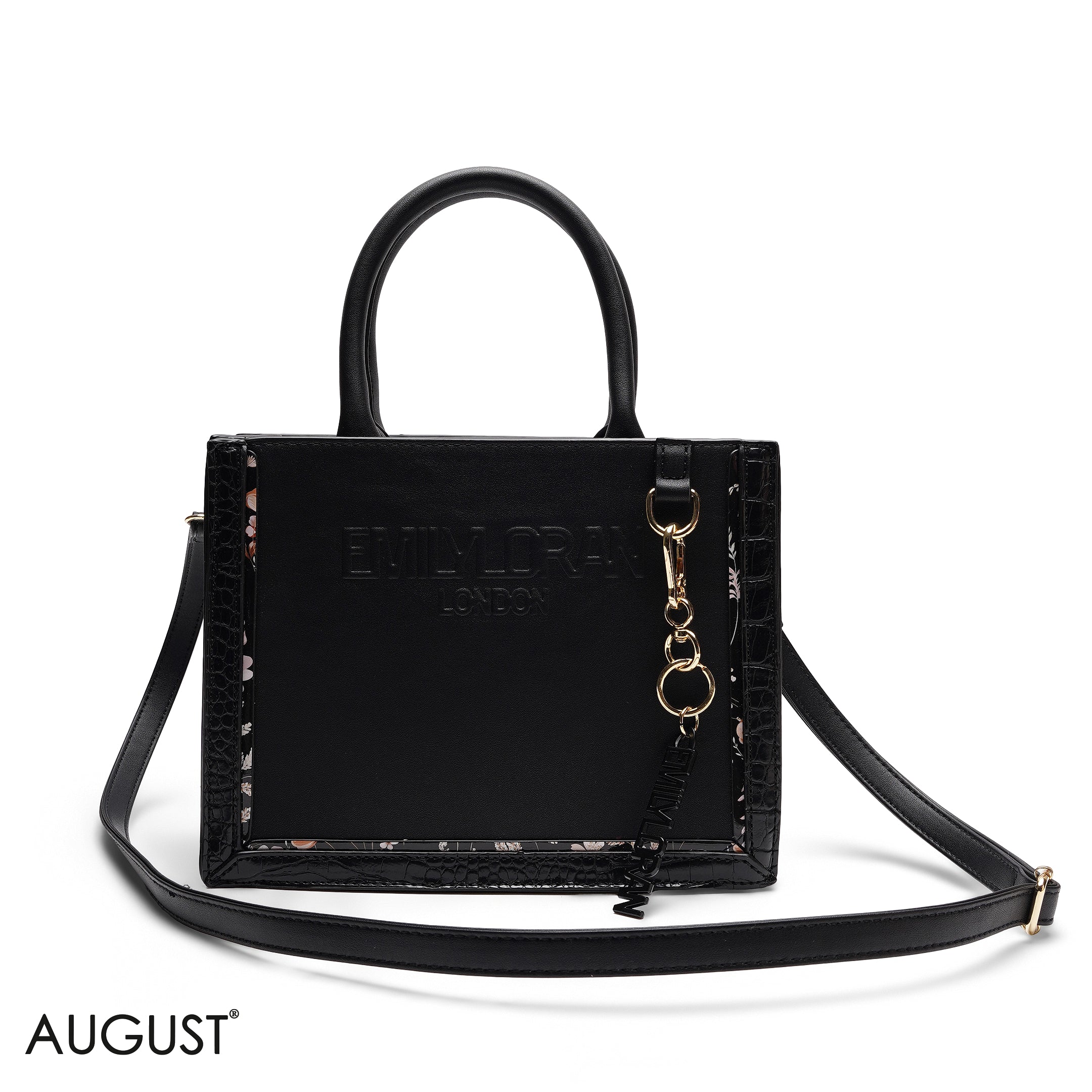 NAVY BLUEE EMBOSSED LOGO SQUARE TOP HANDLE BAG