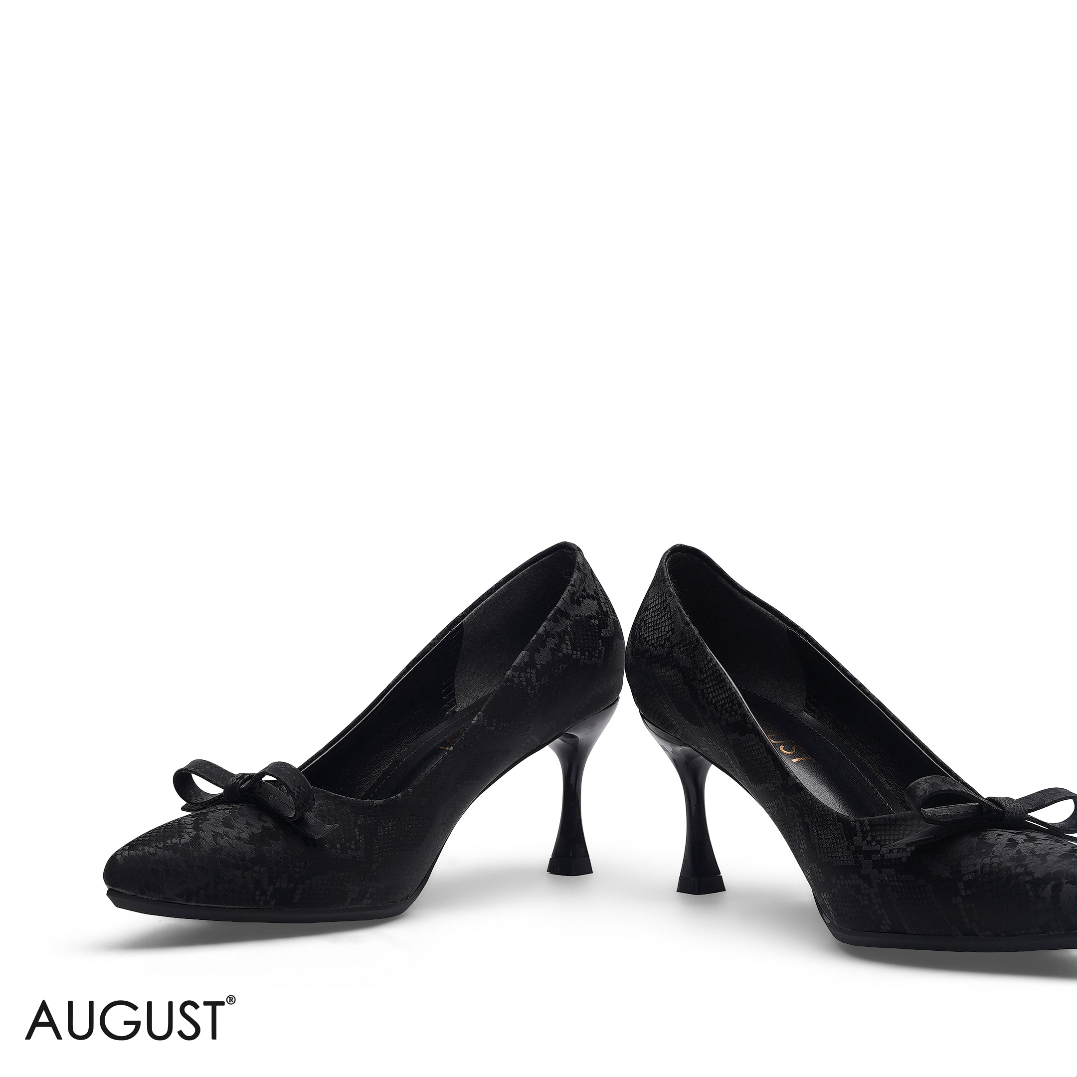 BLACK TEXTURED BOW DETAIL POINTED TOE HEELS