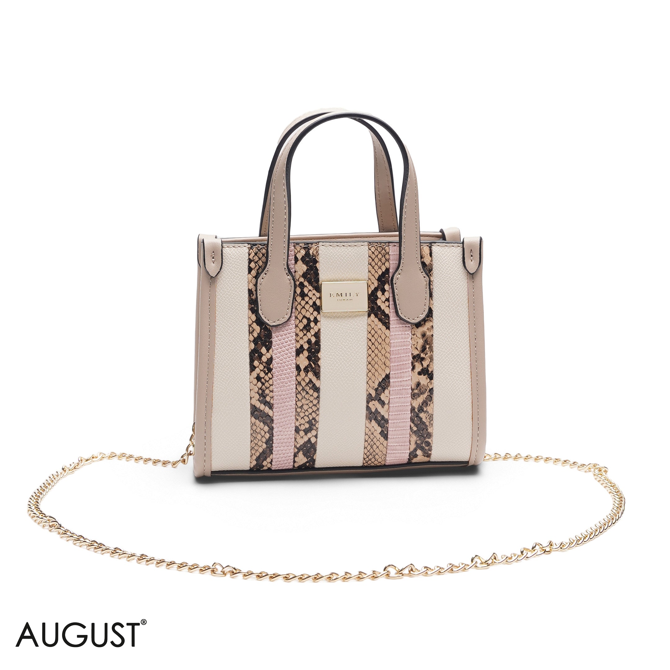 MINI BEIGE & PINK SNAKESKIN BAG WITH GOLD METAL STRAP