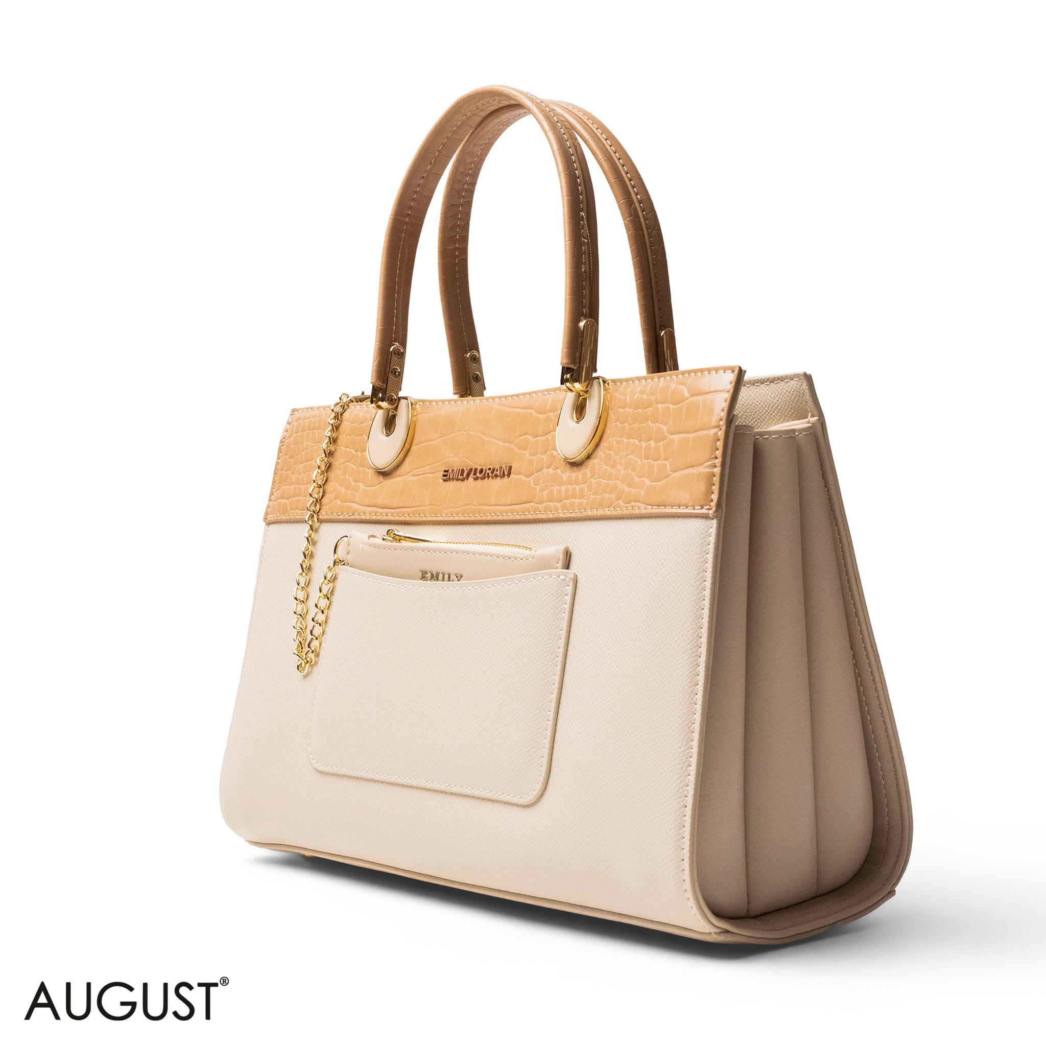 BEIGE LEATHER SMOOTH HANDBAG WITH CROC DETAILS-LARGE