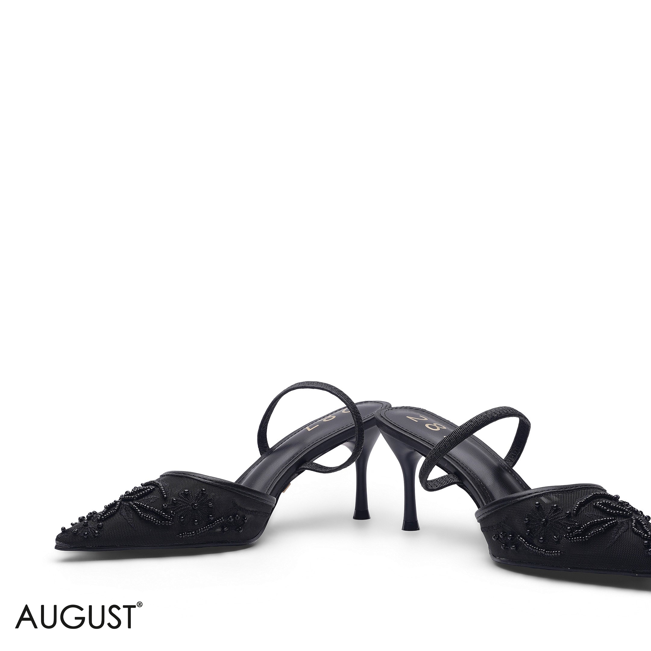 BLACK EMBROIDERED MESH PEARL POINTED-TOE SLINGBACK HEELS