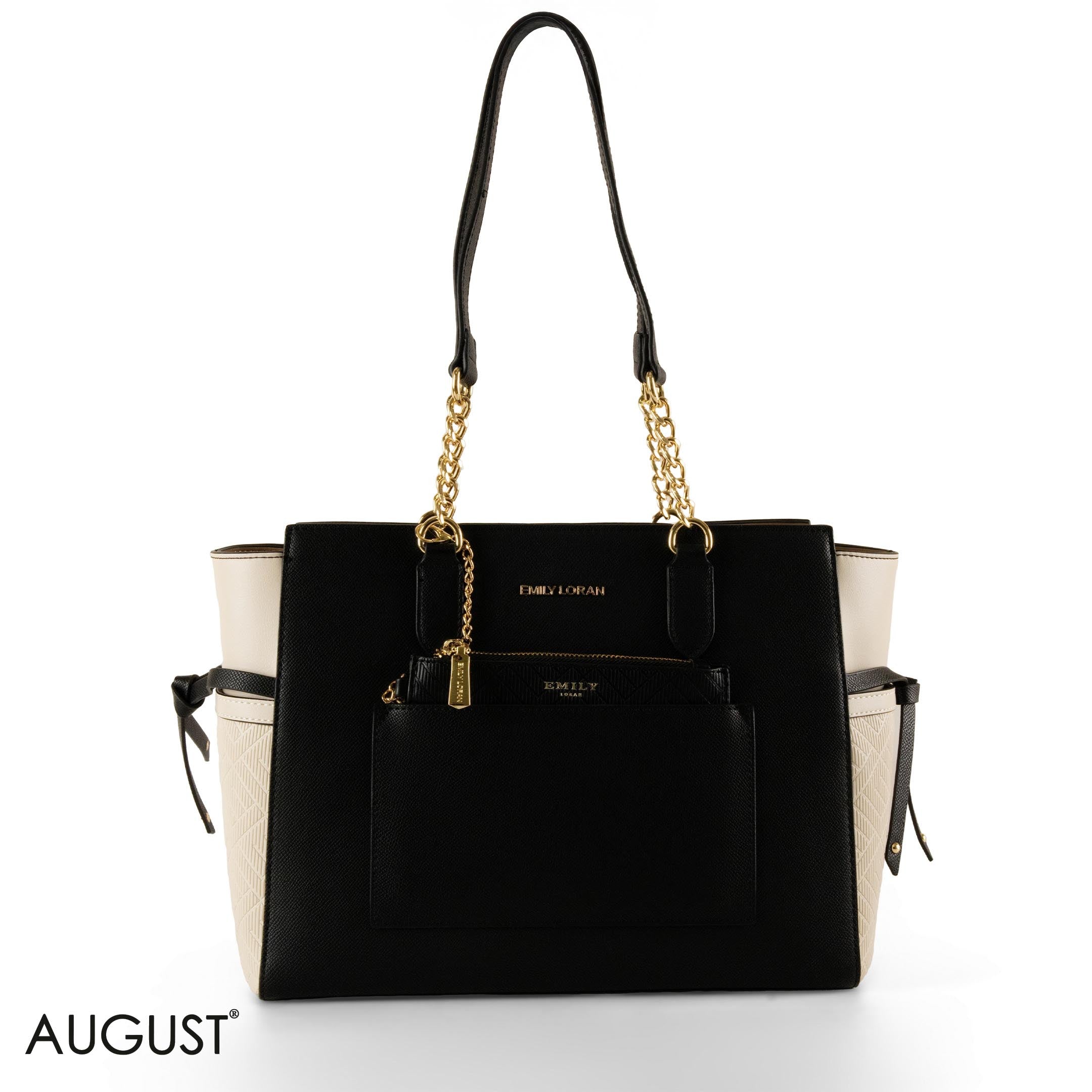 BLACK LEATHER SHOULDER BAG WITH OFF WHITE ACCENTS - LARGE