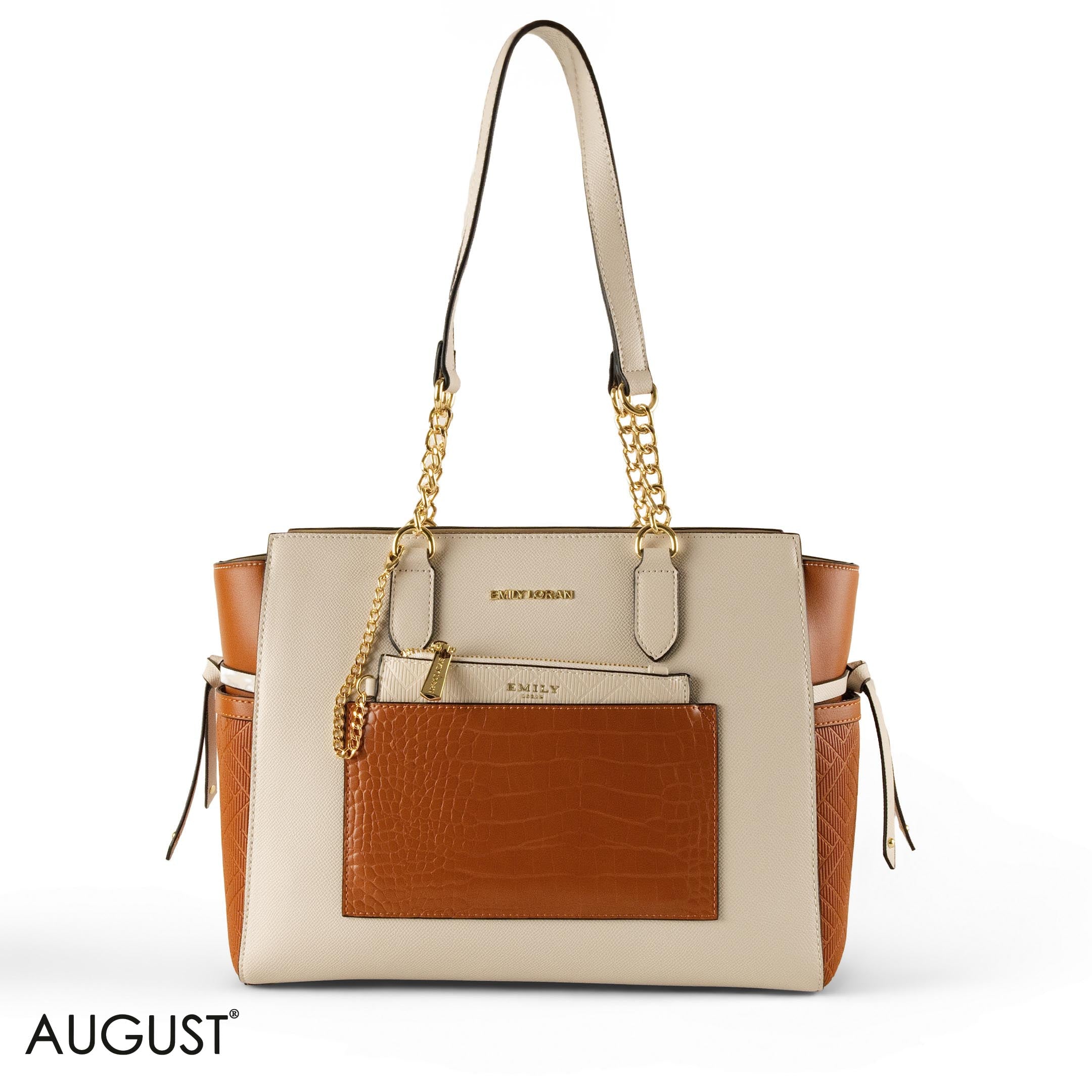 CREAMY LEATHER SHOULDER BAG WITH CAMEL CROC ACCENTS - LARGE