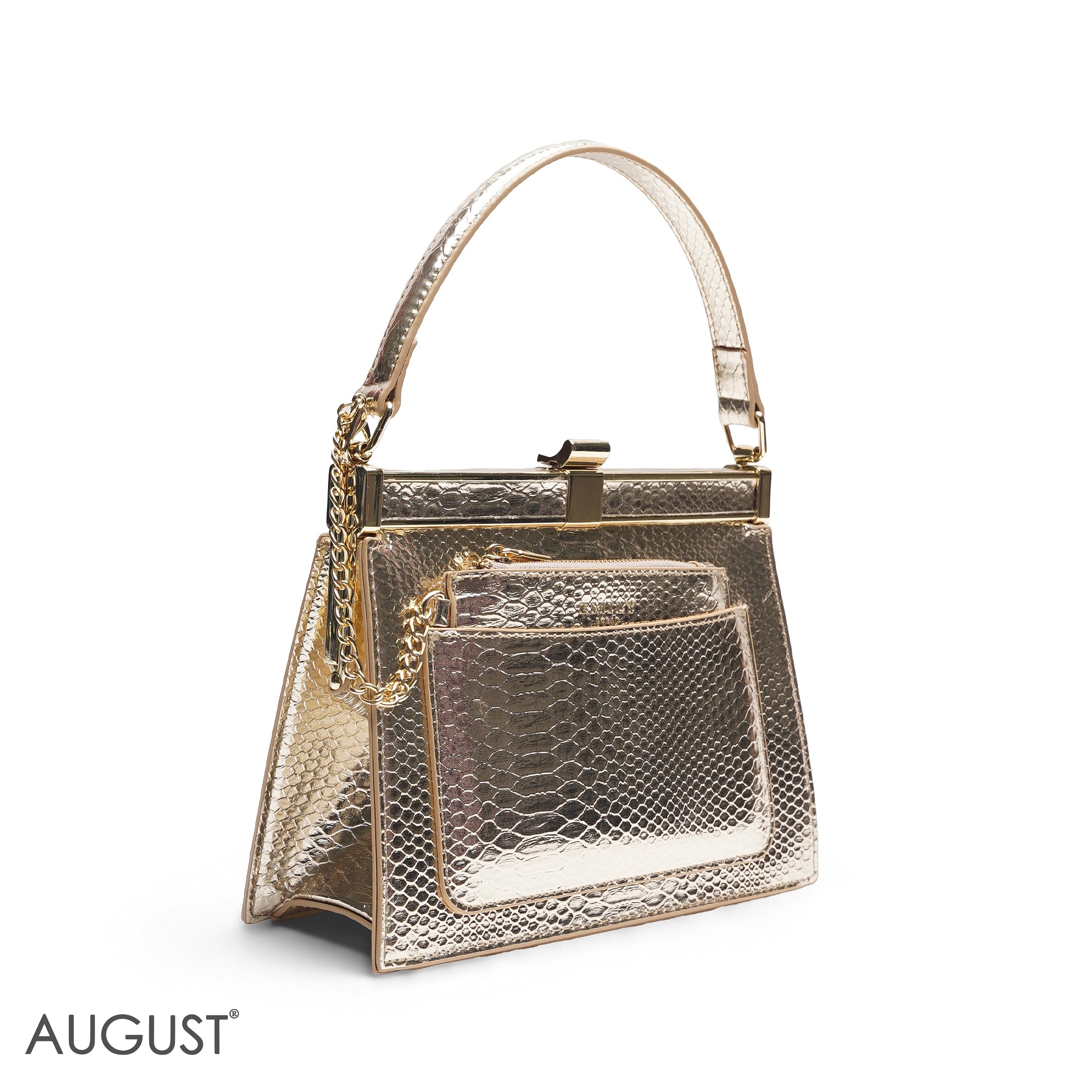 EMILY METALLIC GOLD SNAKESKIN FRAME BAG WITH MINI POUCH - MED