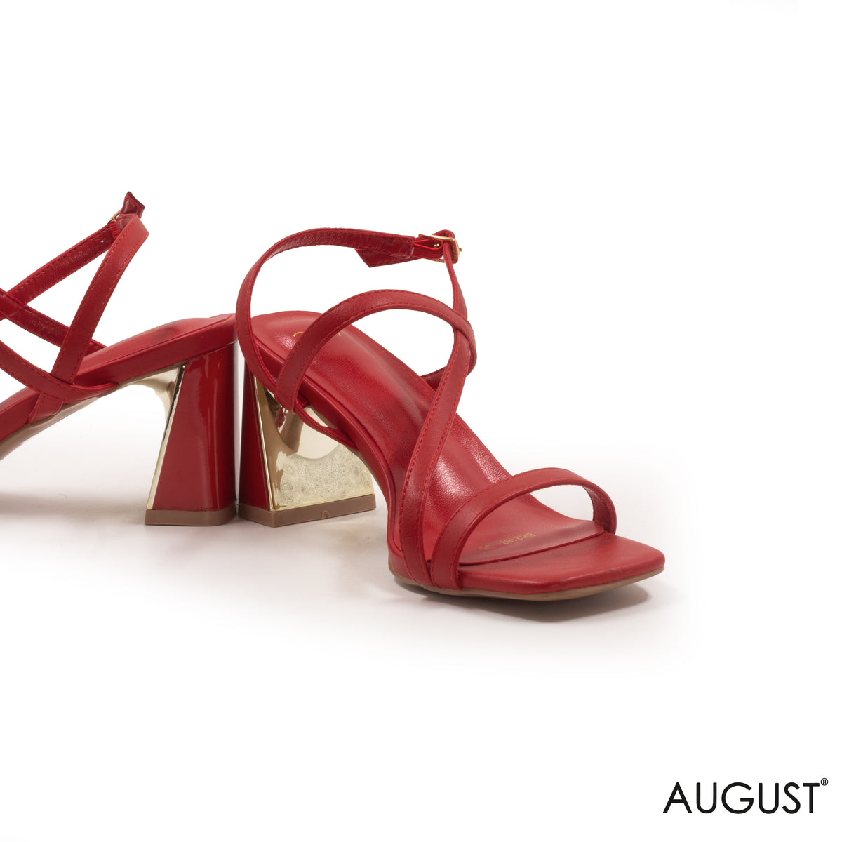RED STRAPPY BLOCK HEEL SANDAL WITH MINI BUCKLE
