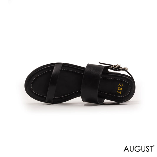SMOOTH BLACK LEATHER FLAT SANDALS WITH BUCKLED