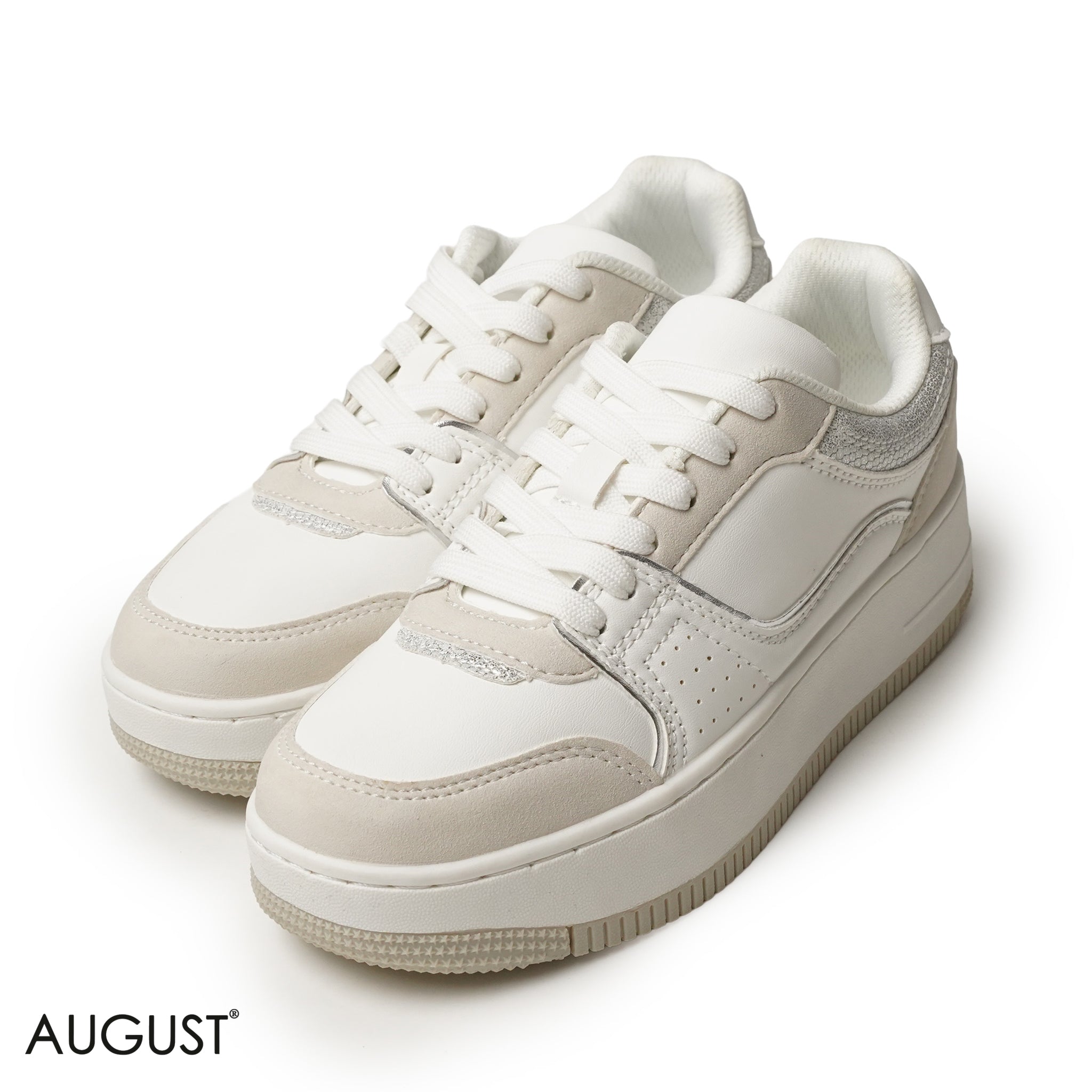 WHITE BEIGE LEATHER SNEAKERS WITH THICK SOLE