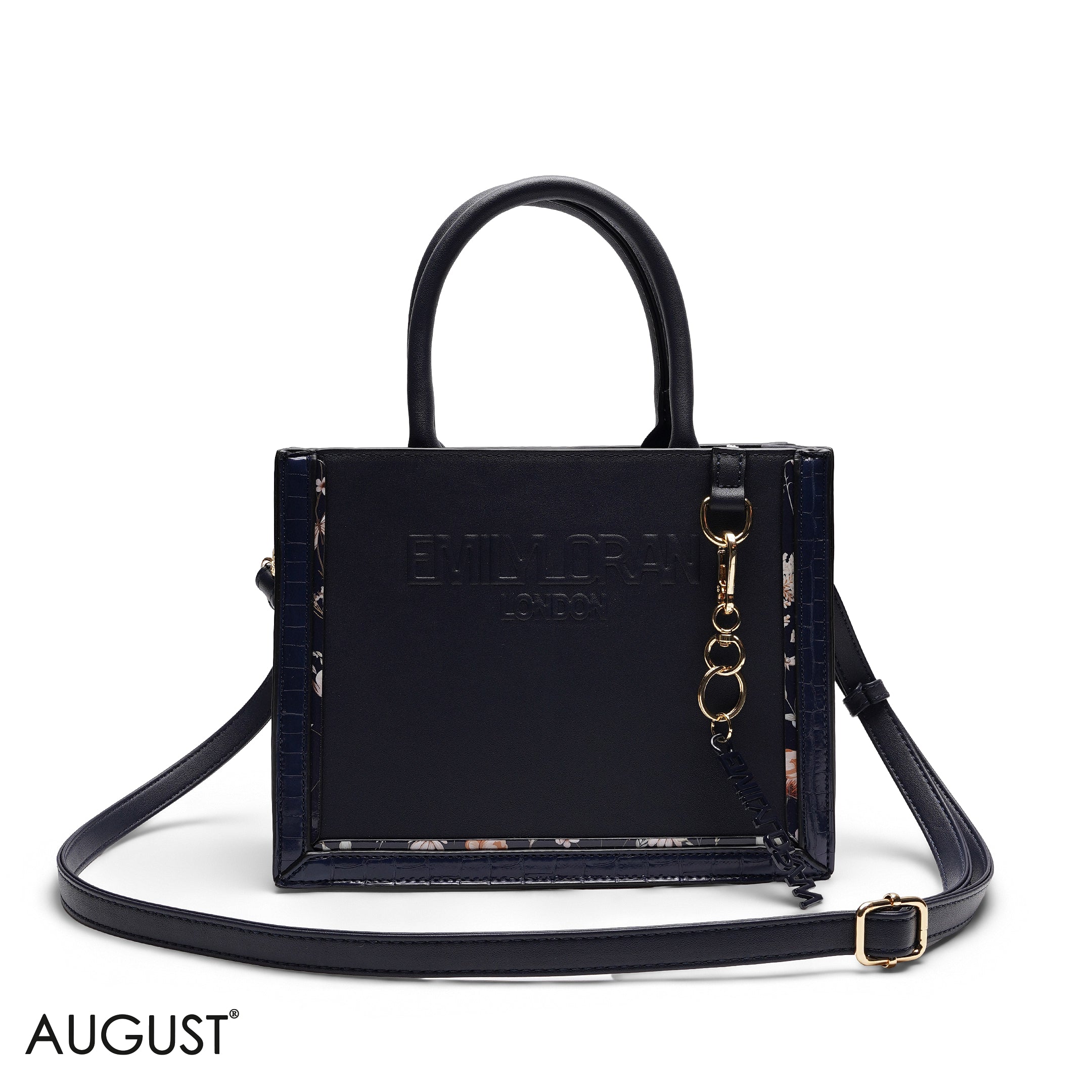 NAVY BLUEE EMBOSSED LOGO SQUARE TOP HANDLE BAG