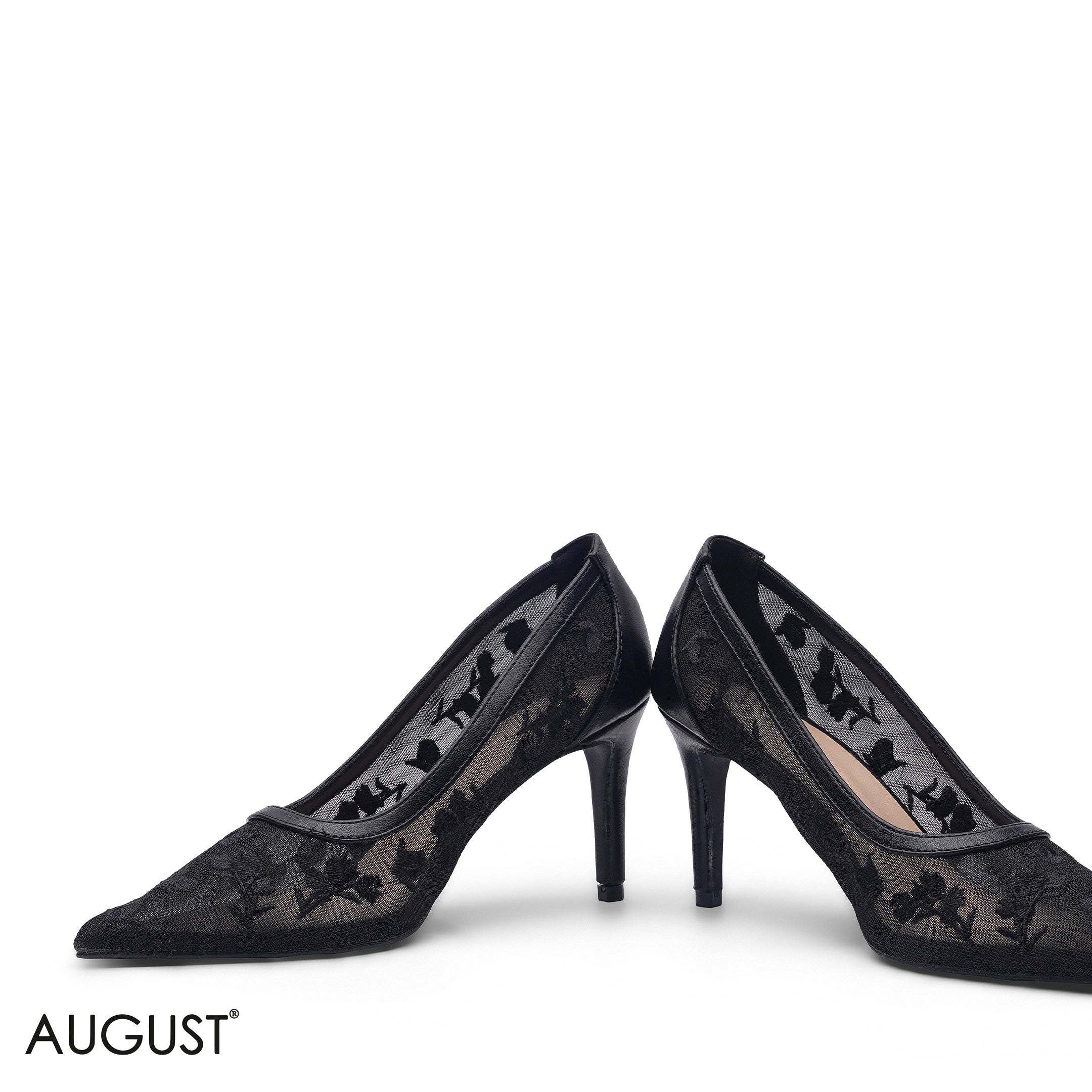 BLACK FLORAL EMBROIDERED MESH POINTED TOE PUMPS