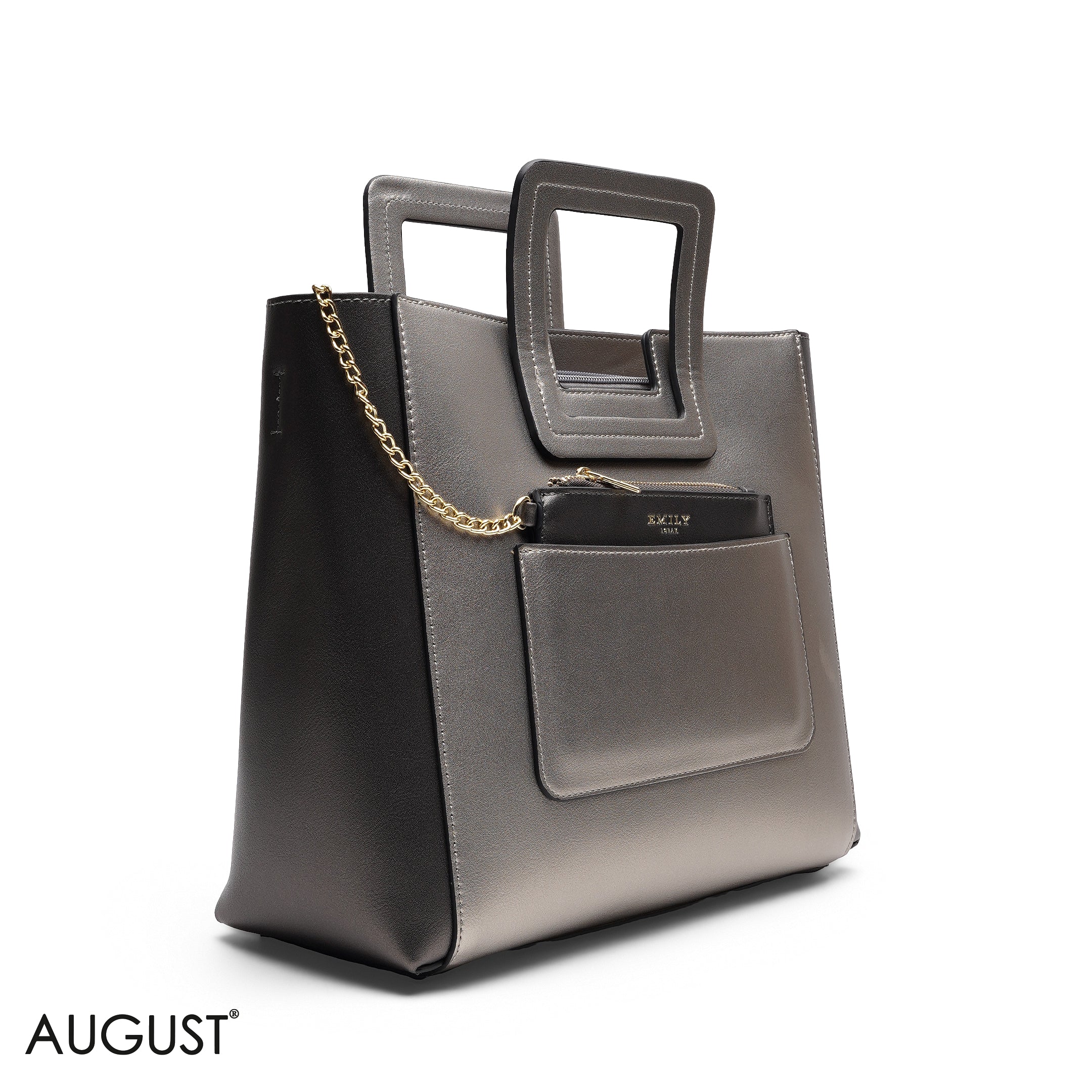 SILVER TEXTURED LEATHER TOTE WITH POUCH BAG