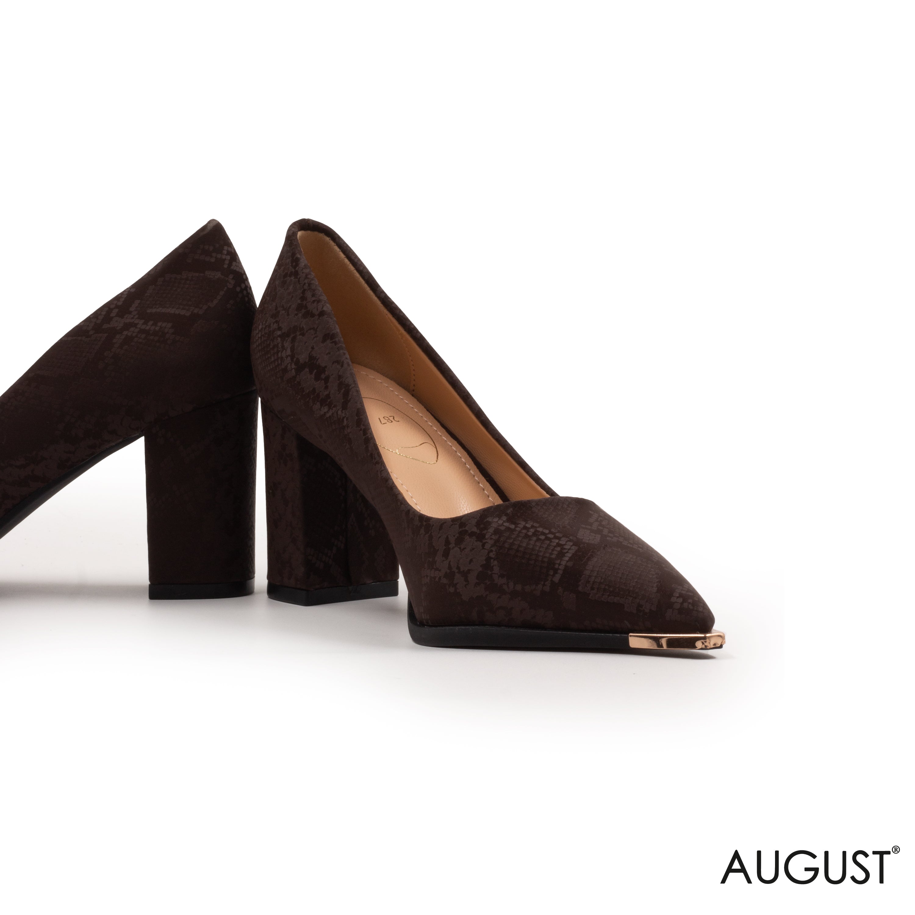 BROWN SNAKE PANTTERNED LEATHER MED -HEEL SHOES