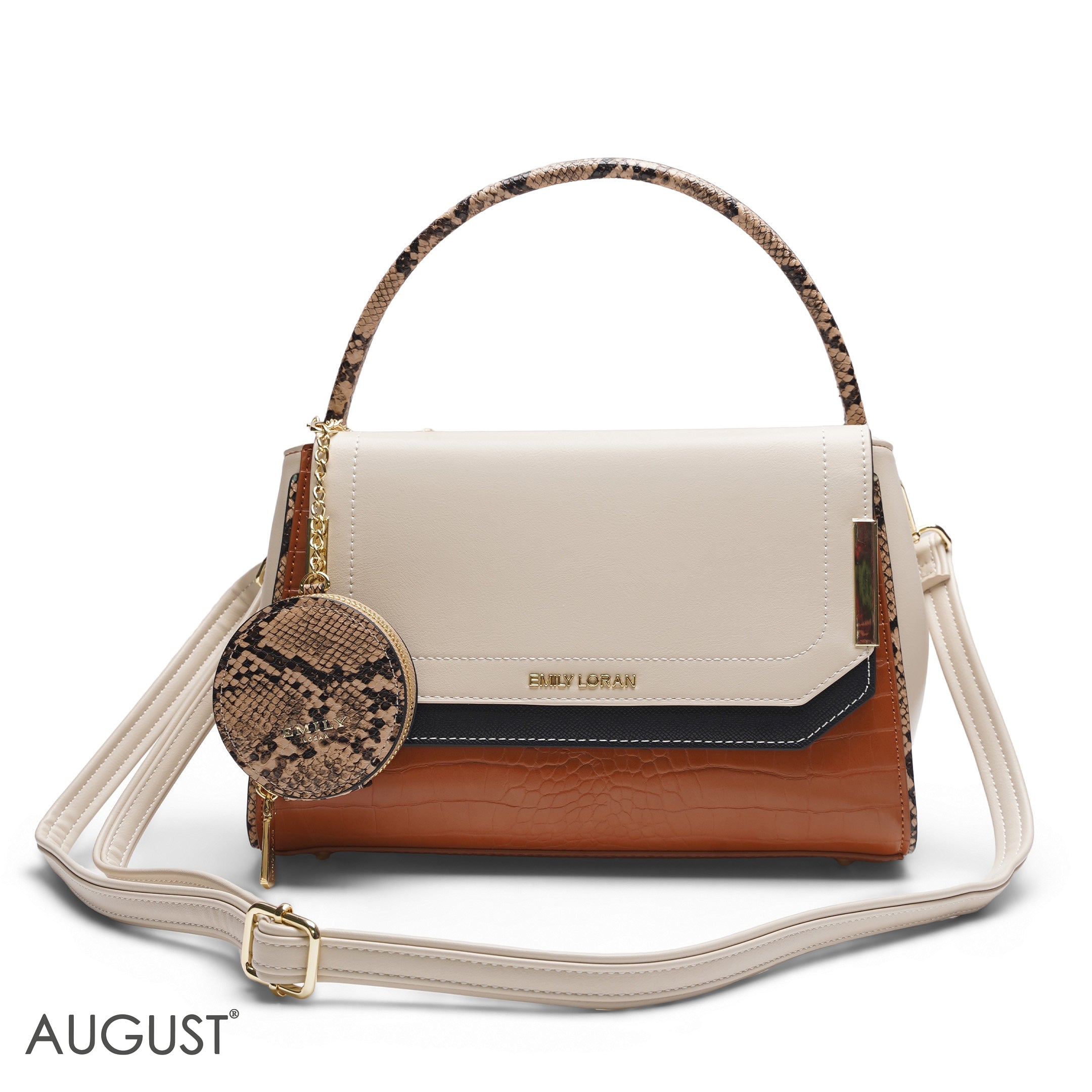 EMILY BEIGE & TAN SNAKESKIN SATCHEL BAG WITH ROUND POUCH - MED