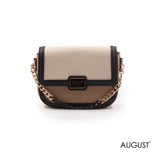 BEIGE LEATHER CROSSBODY BAG WITH METAL CHAIN-SMALL