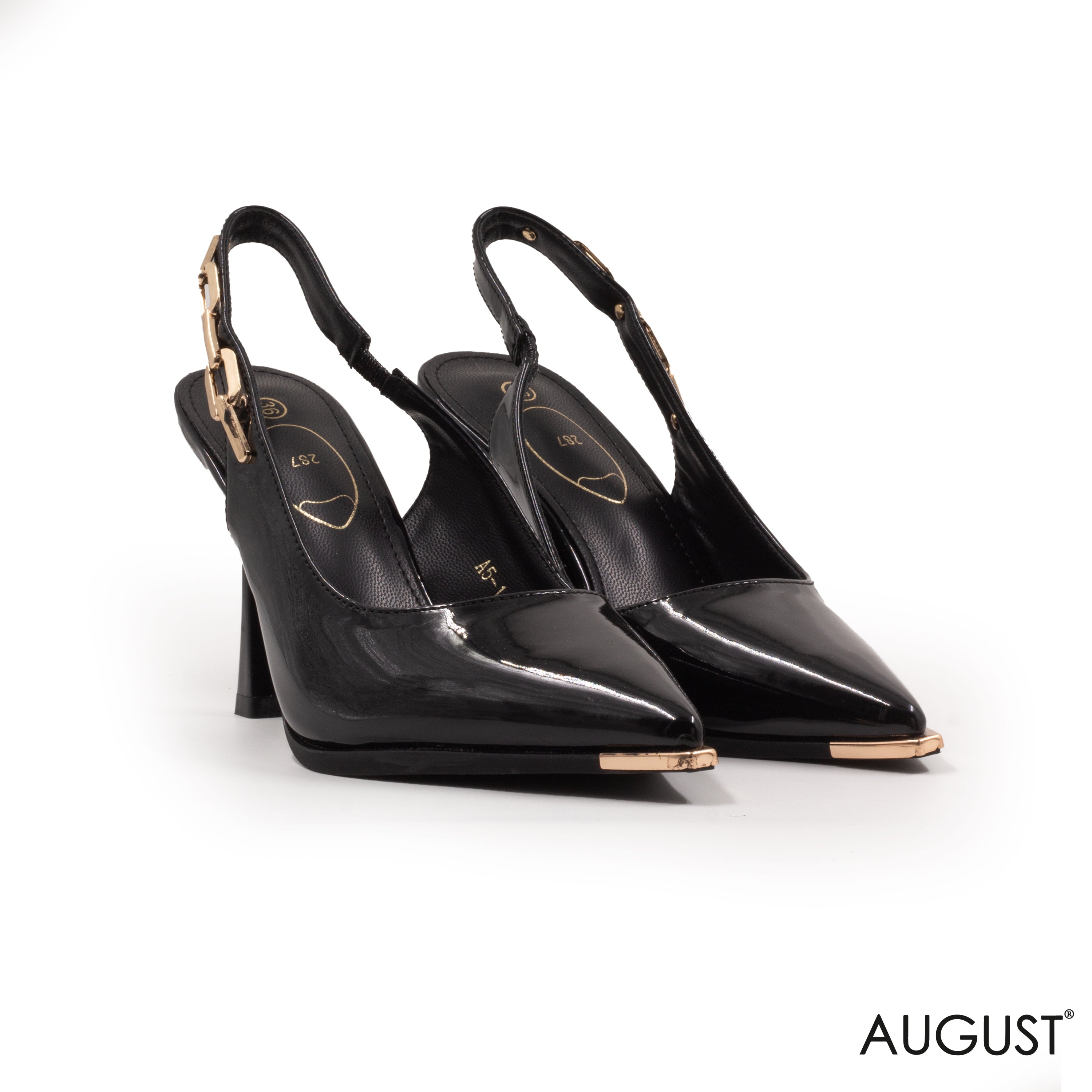 BLACK GLOSSY LEATHER SLINGBACK HIGH -HEEL SHOES