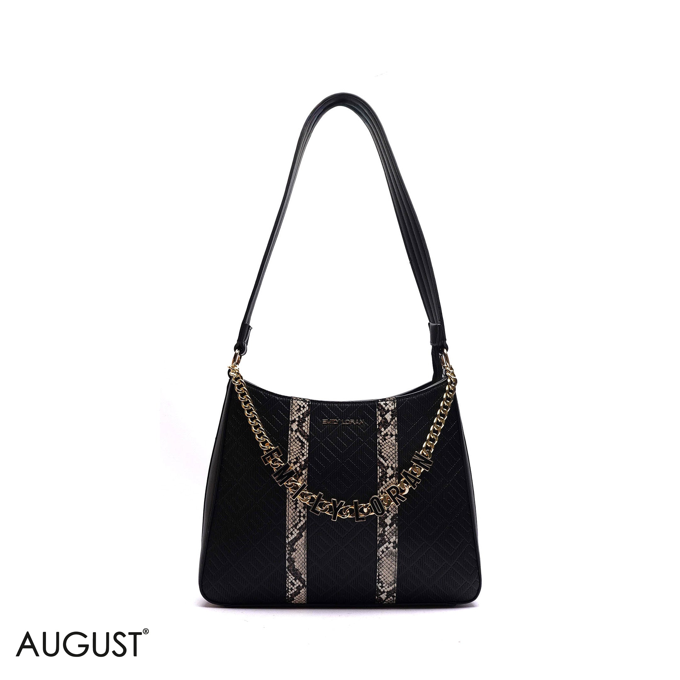 SNAKESKIN PRINT SHOULDER BAG WITH LOGO CHAIN