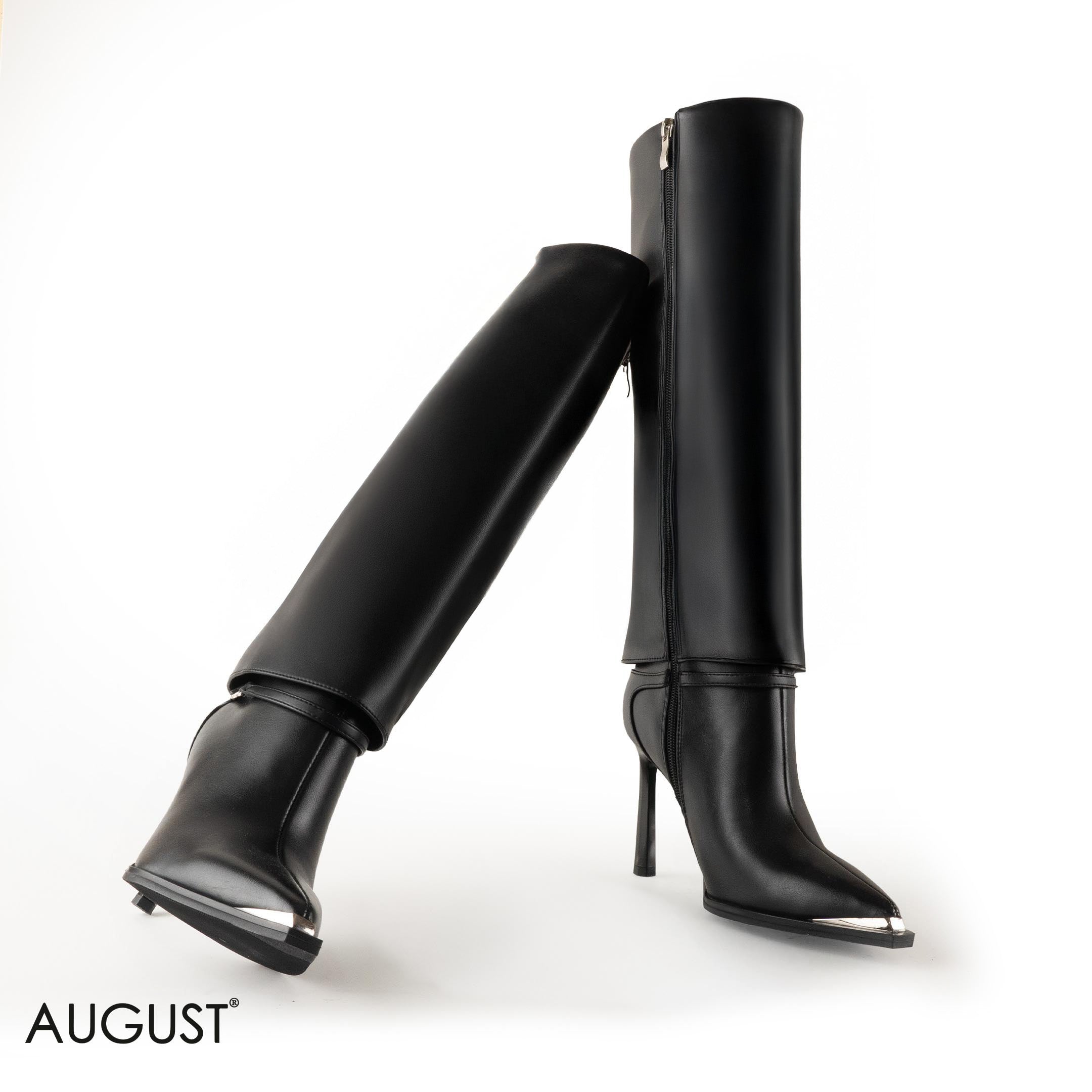 BLACK LEATHER STILETTOS HEELED BOOTS WITH BUCKLE DETAIL