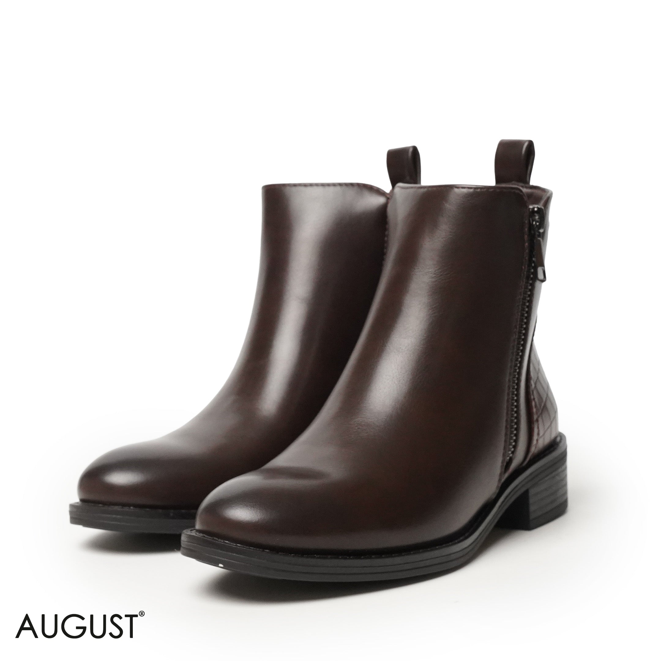 BROWN LEATHER ANKLE BOOTS WITH CROCODILE TOUCH