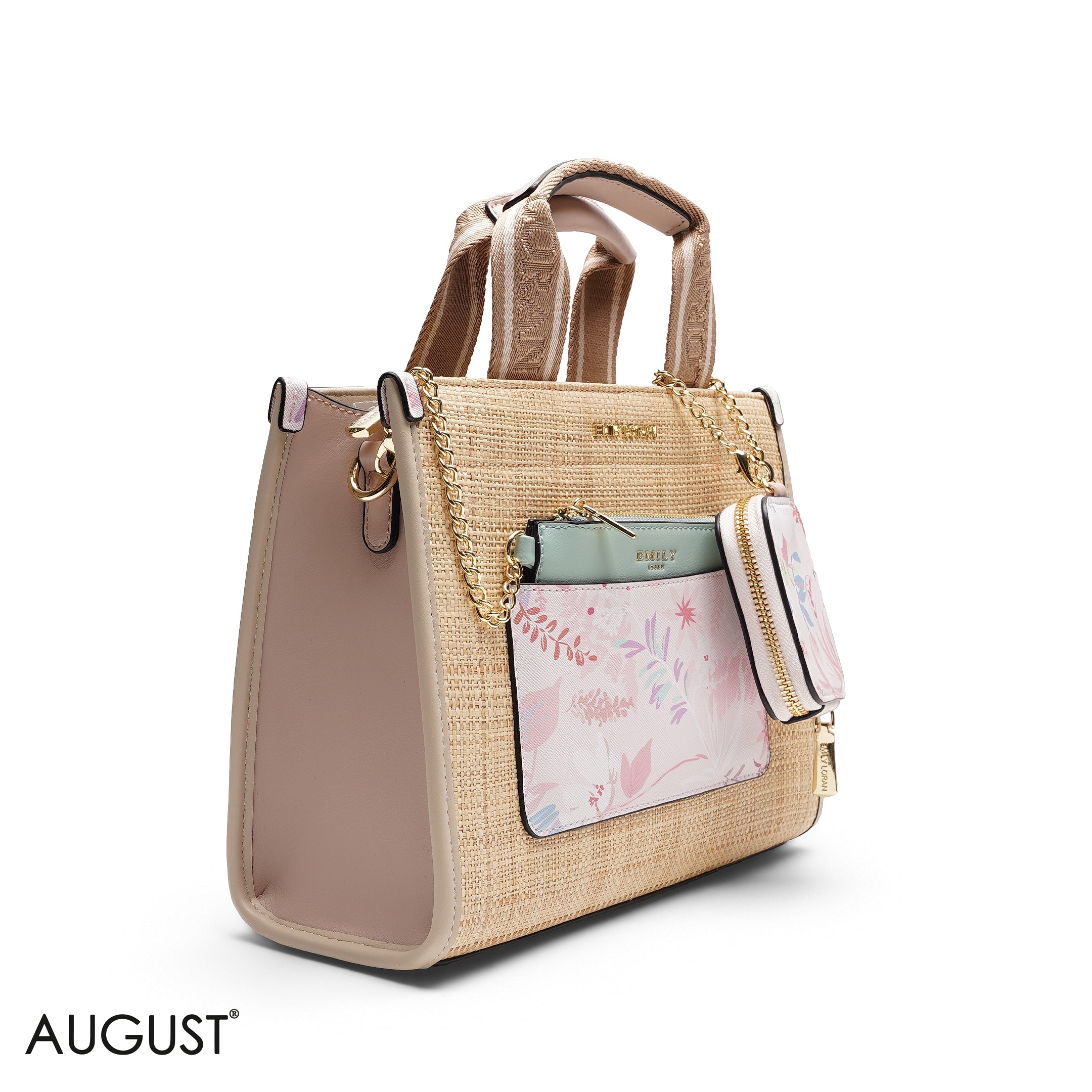 FLORAL STRAW MULTI-POUCH TOTE BAG SET