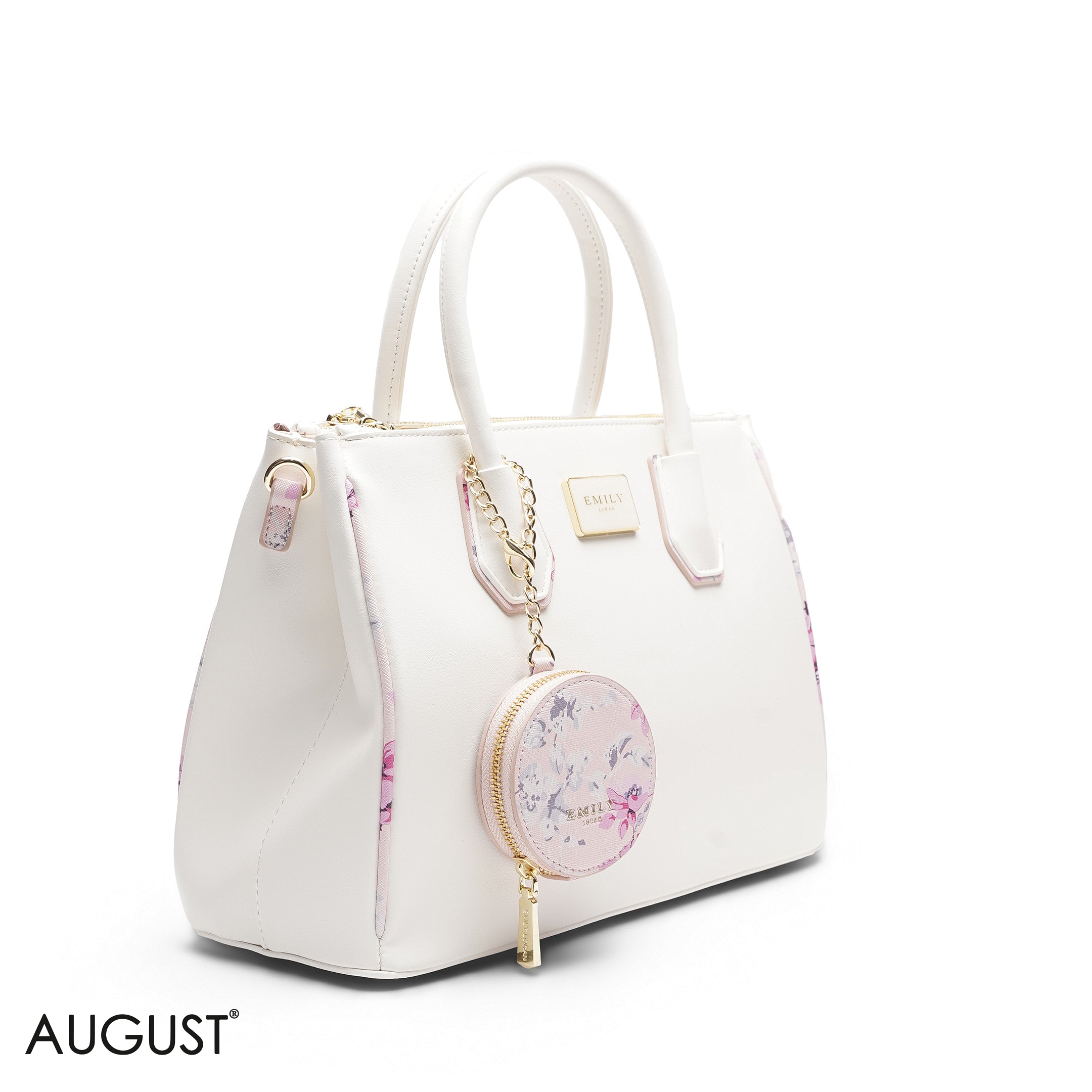 WHITE WITH FLORAL POUCH TOTE - LARGE