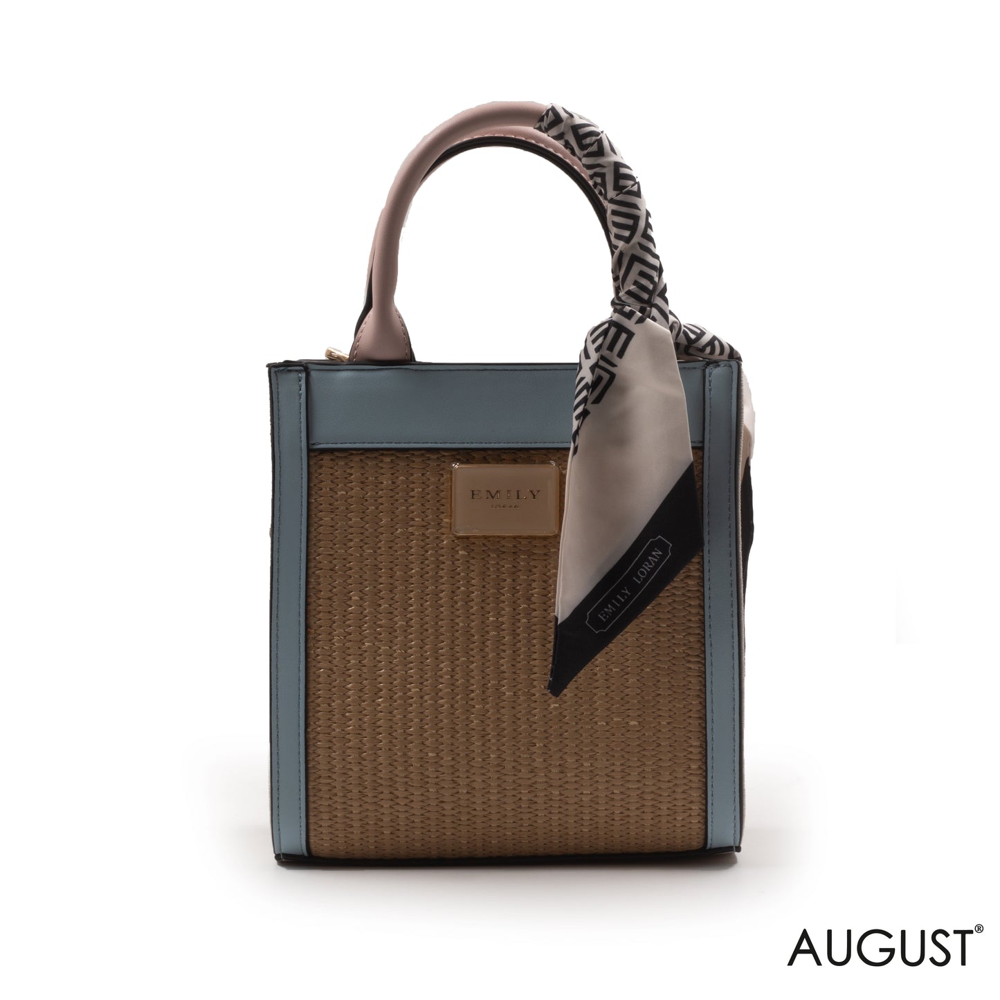 WOVEN STRAW HANDBAG LEATHER ACCENTS WITH SCARF -SMALL