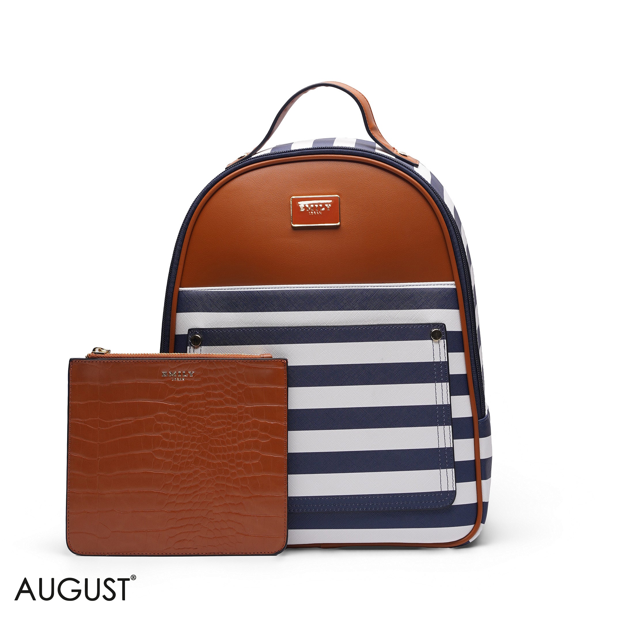 NAVY STRIPED BACKPACK BAG WITH FRONT POUCH - LARGE