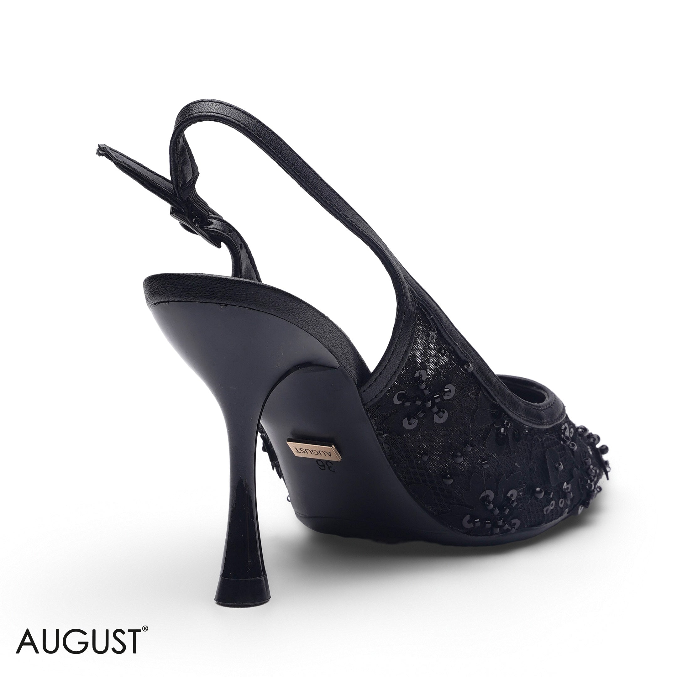 CLASSIC BLACK LACE FLORAL EMBROIDERED SLINGBACK HEELS