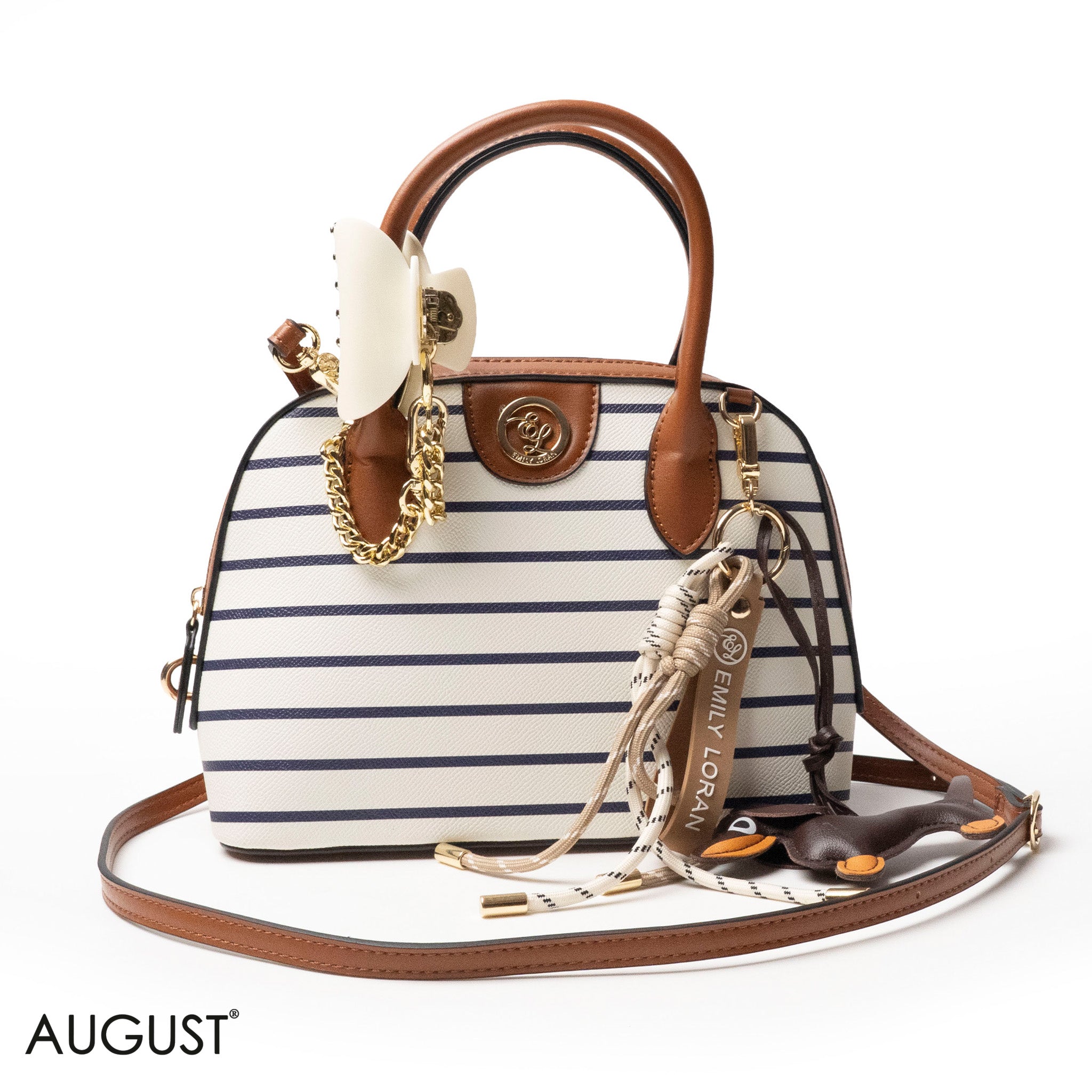 STRIPPED NAVY LEATHER HANDBAG WITH ACCESSORIES -MED