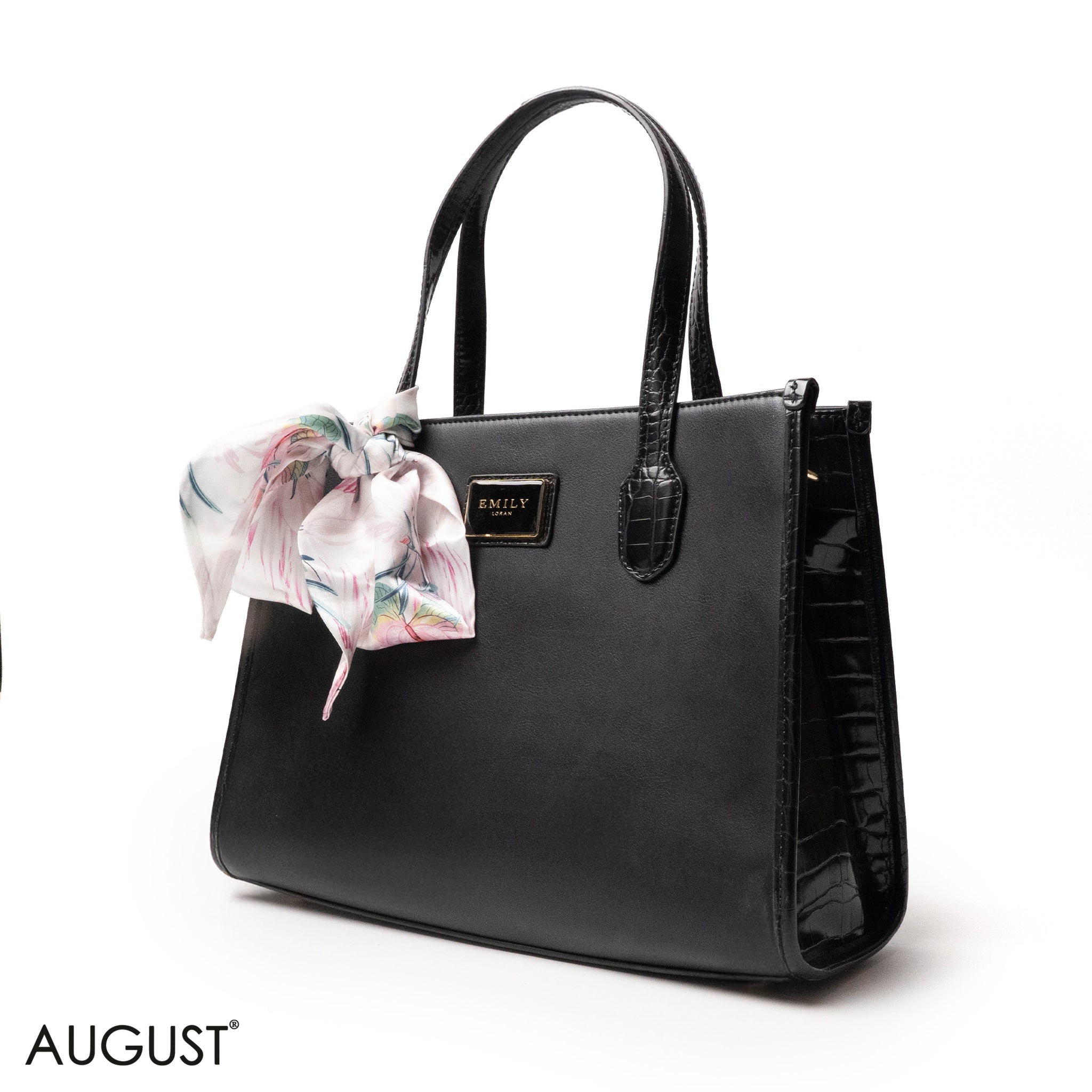 BLACK SMOOTH LEATHER HANDBAG WITH FLORAL PRINT SCARF - LARGE