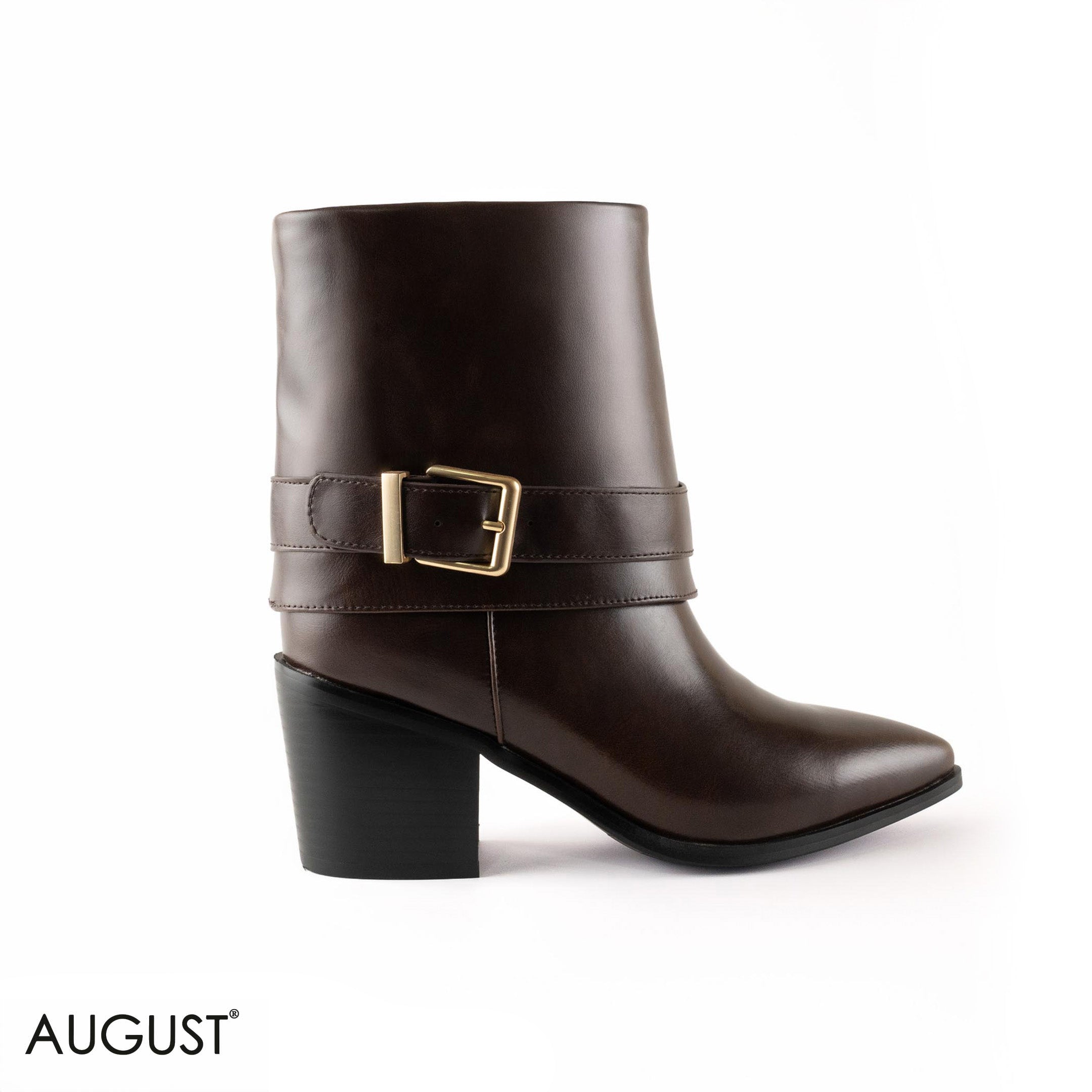 BROWN SMOOTH LEATHER BUCKLED ANKLE BOOTS