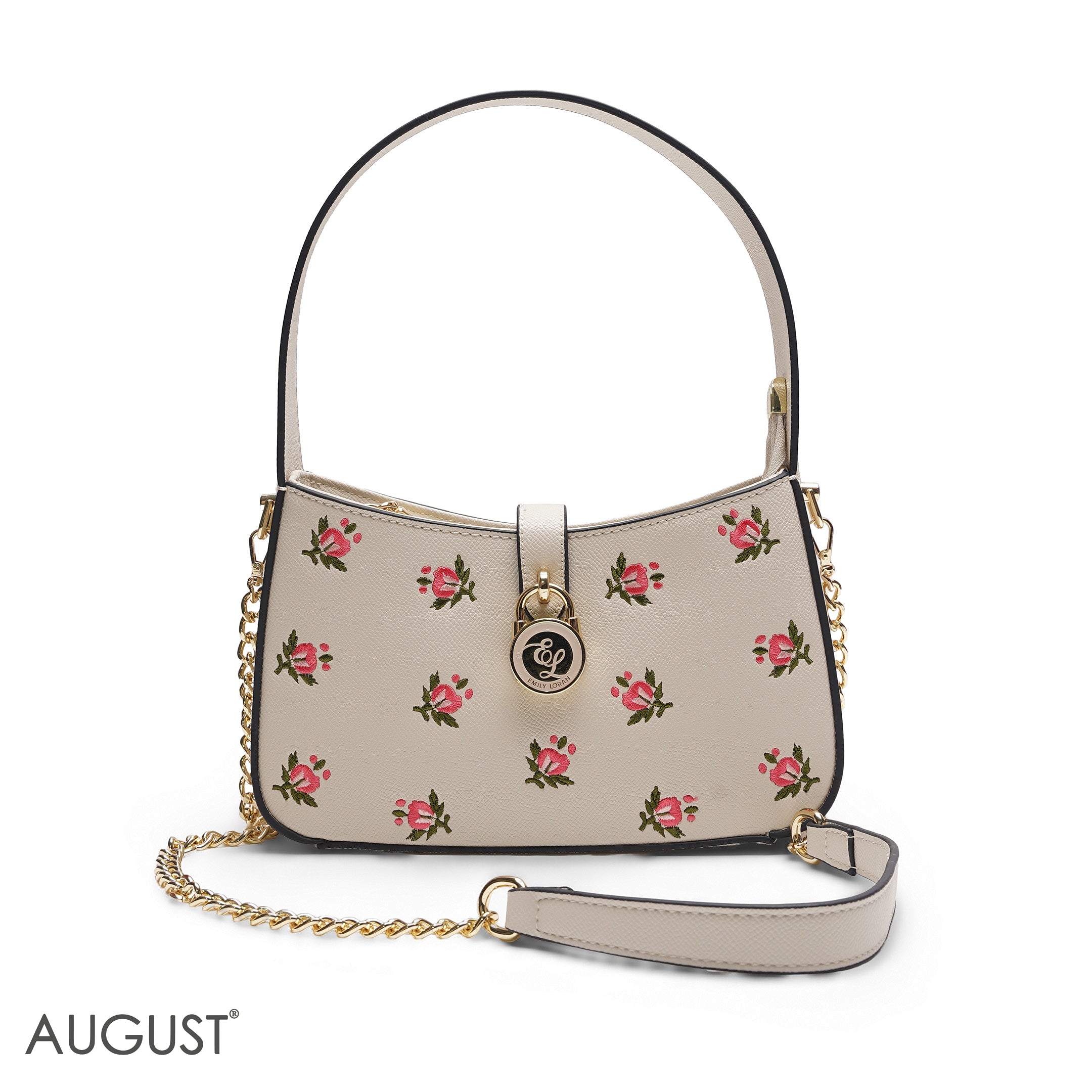 BEIGE ROSE FLORAL BAGUETTE BAG