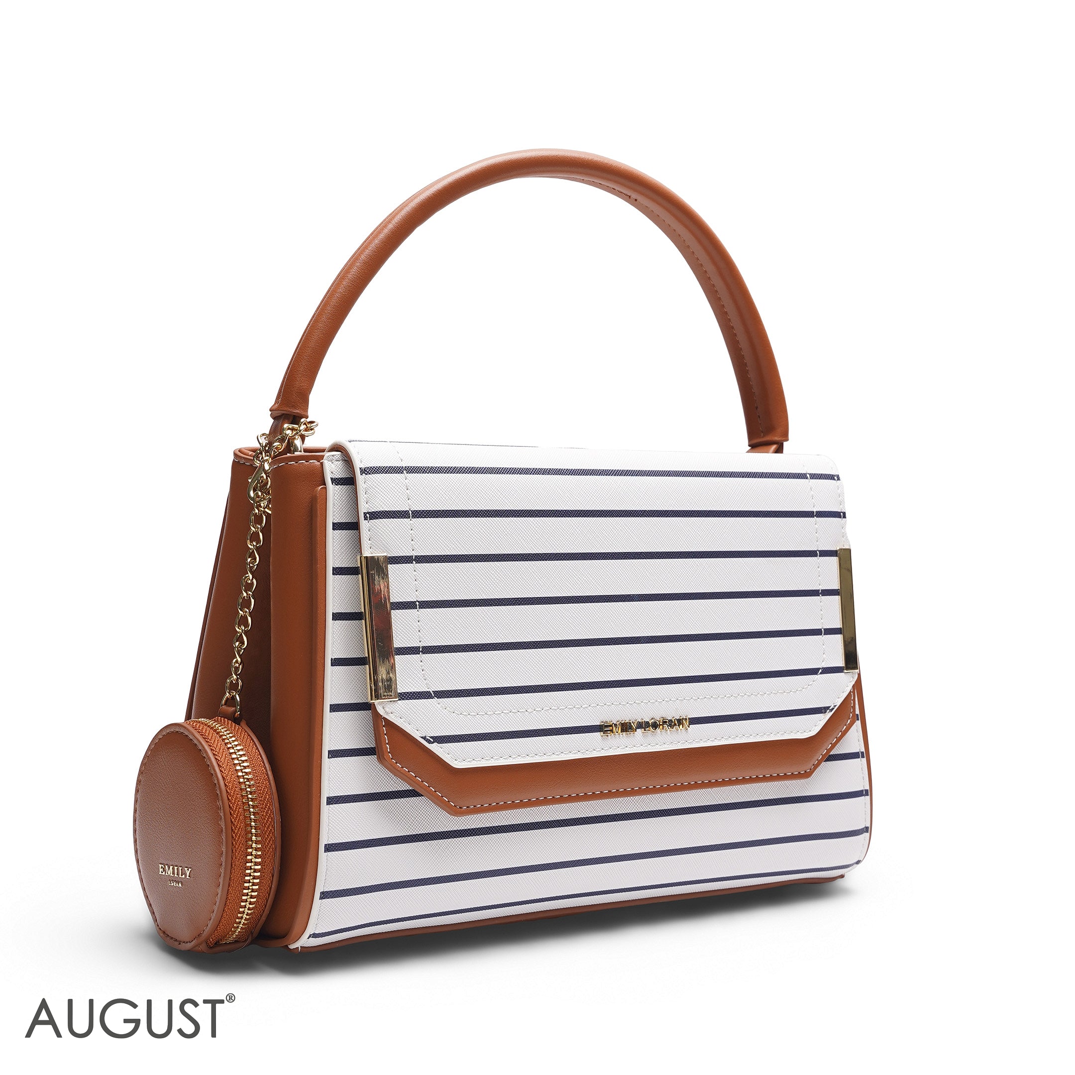 EMILY STRIPED NAVY & TAN SATCHEL BAG WITH ROUND POUCH - MED