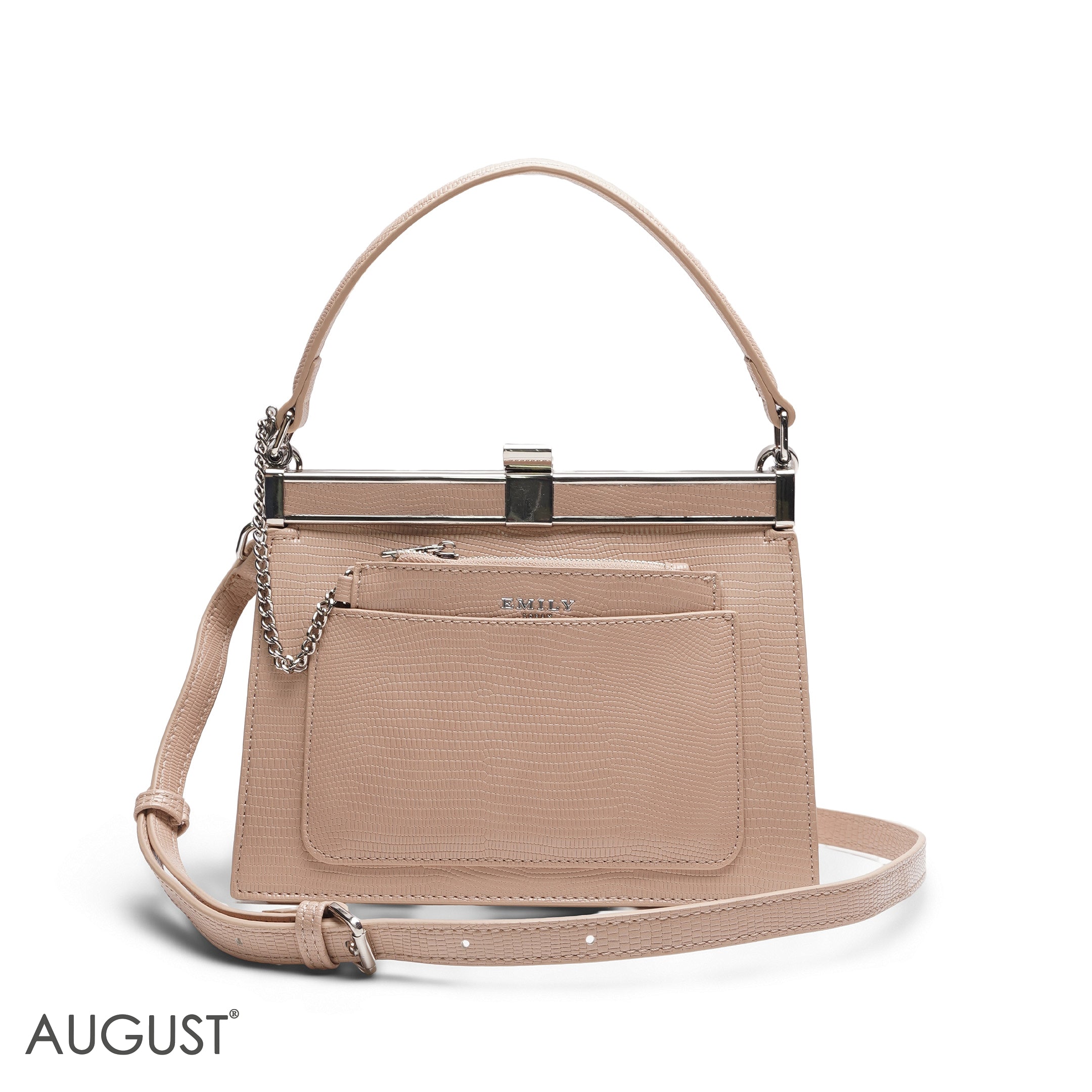 EMILY SOLID BEIGE TEXTURED FRAME BAG WITH MINI POUCH - MEDIUM SIZE
