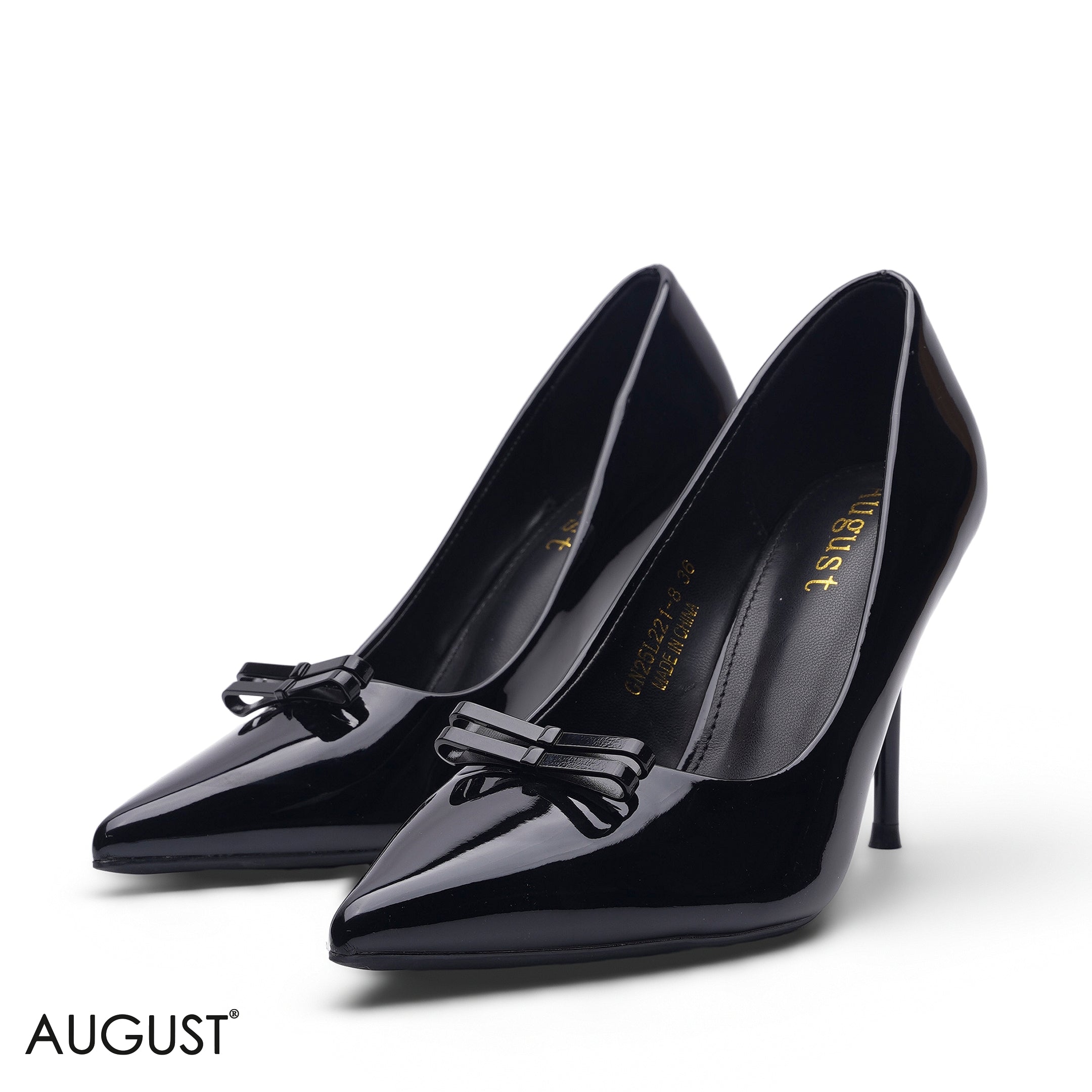 BLACK PATENT LEATHER QUAD-BOW POINTED TOE HEELS