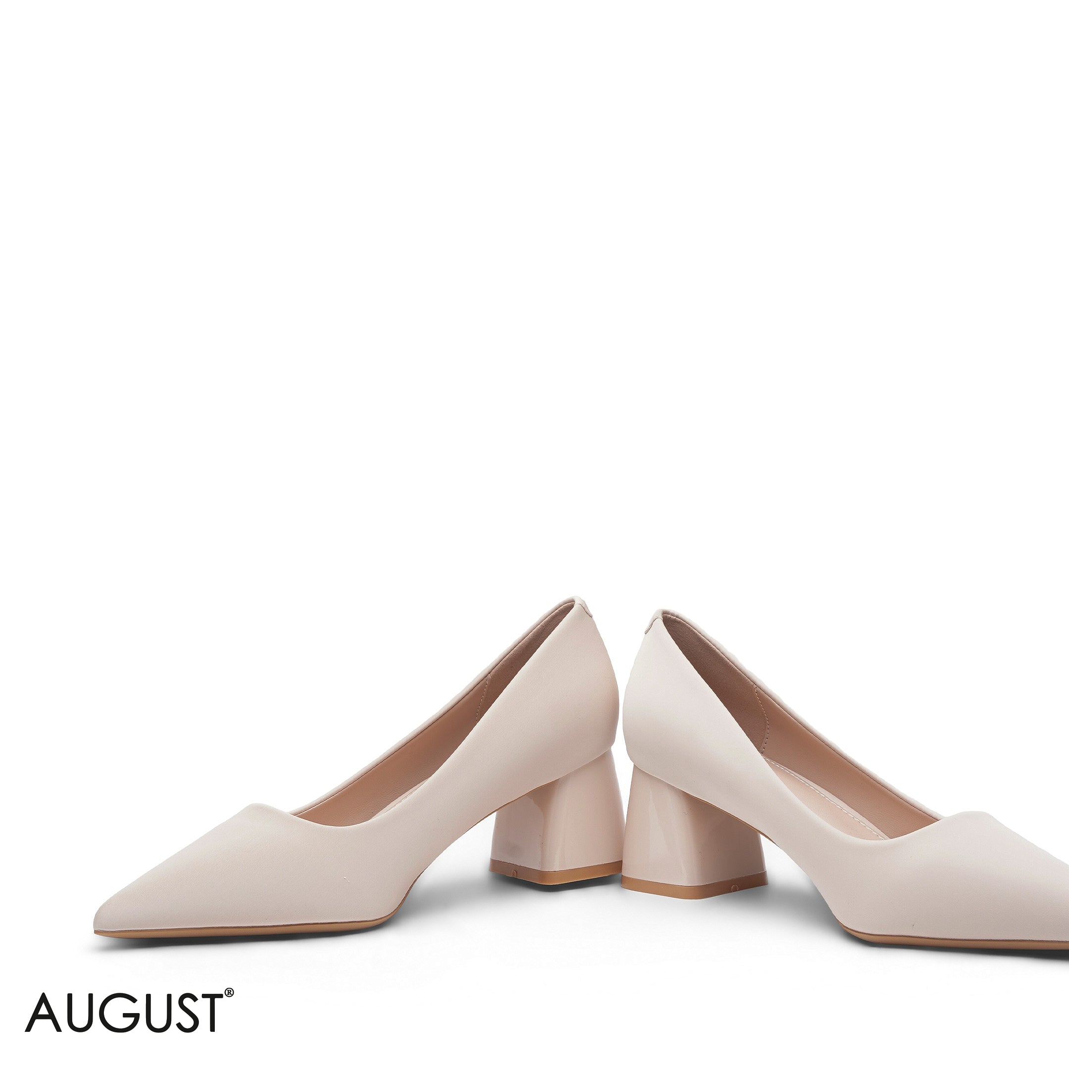 BEIGE SMOOTH MATTE LEATHER POINTED BLOCK HEEL
