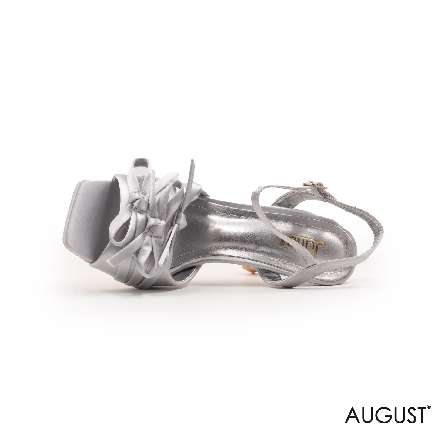 SILVER SATIN HEELED SANDALS WITH BOWS DETAIL