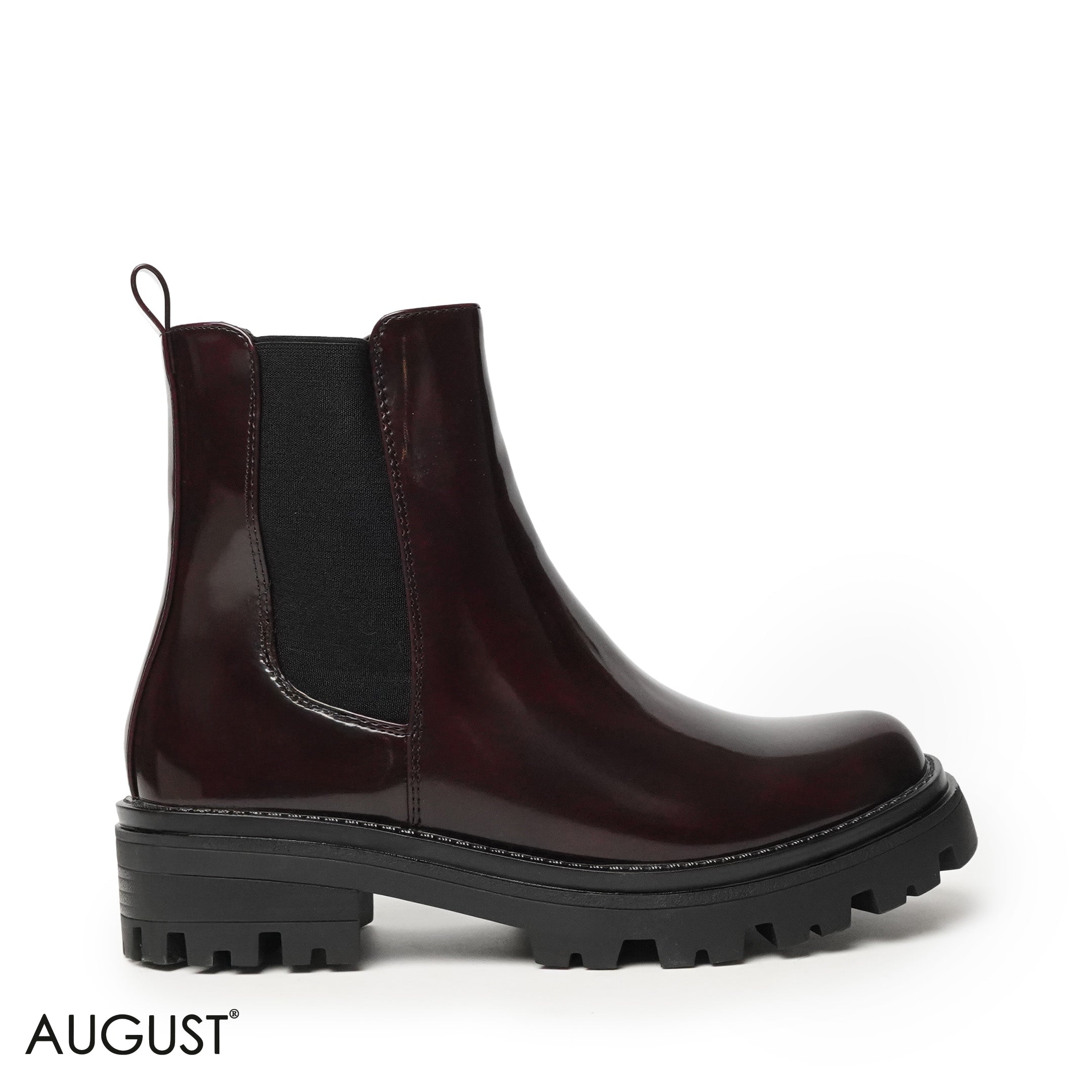 GLOSSY LEATHER ANKLE BOOTS WITH ELASTIC FABRIC