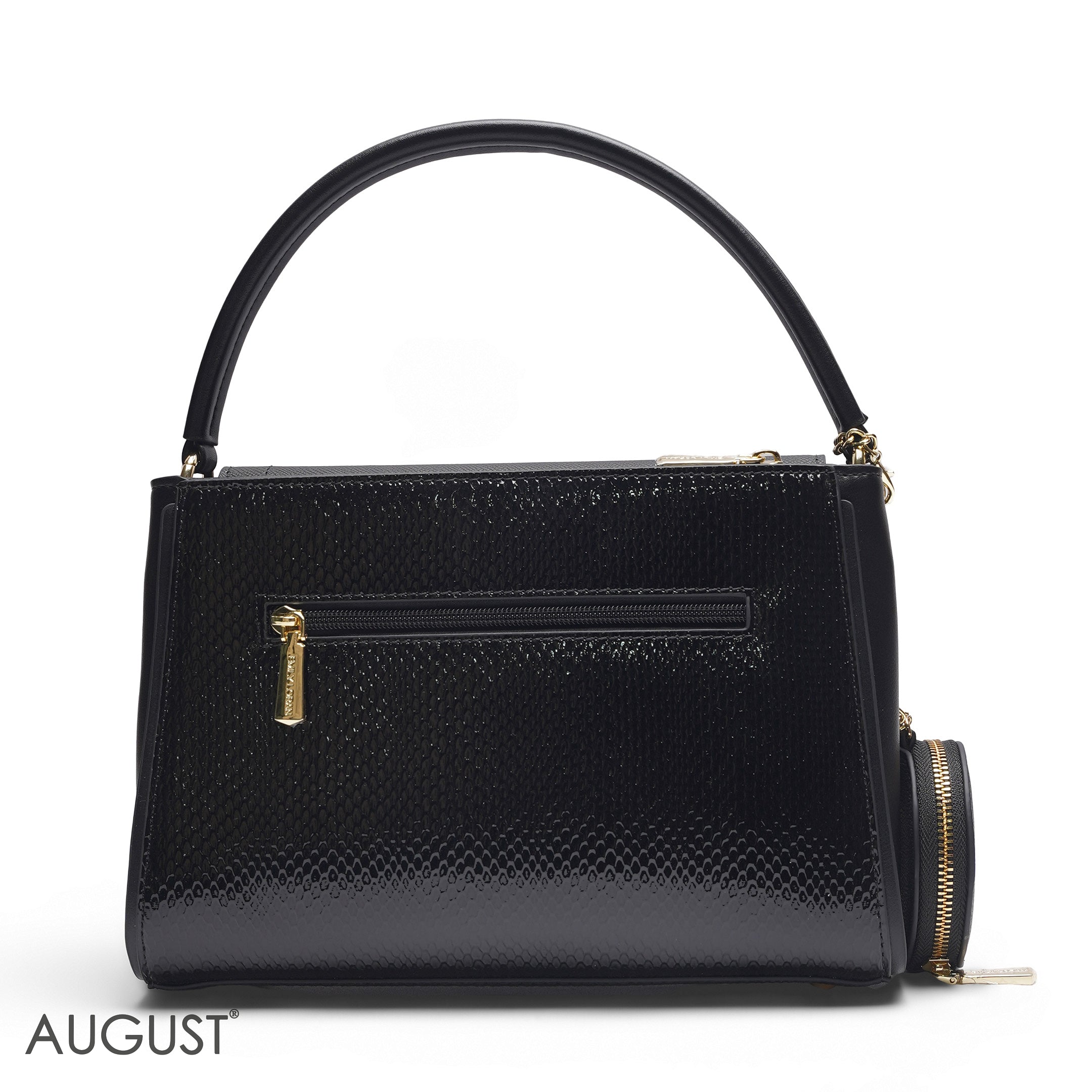 EMILY SOLID BLACK SATCHEL BAG WITH ROUND POUCH - MED