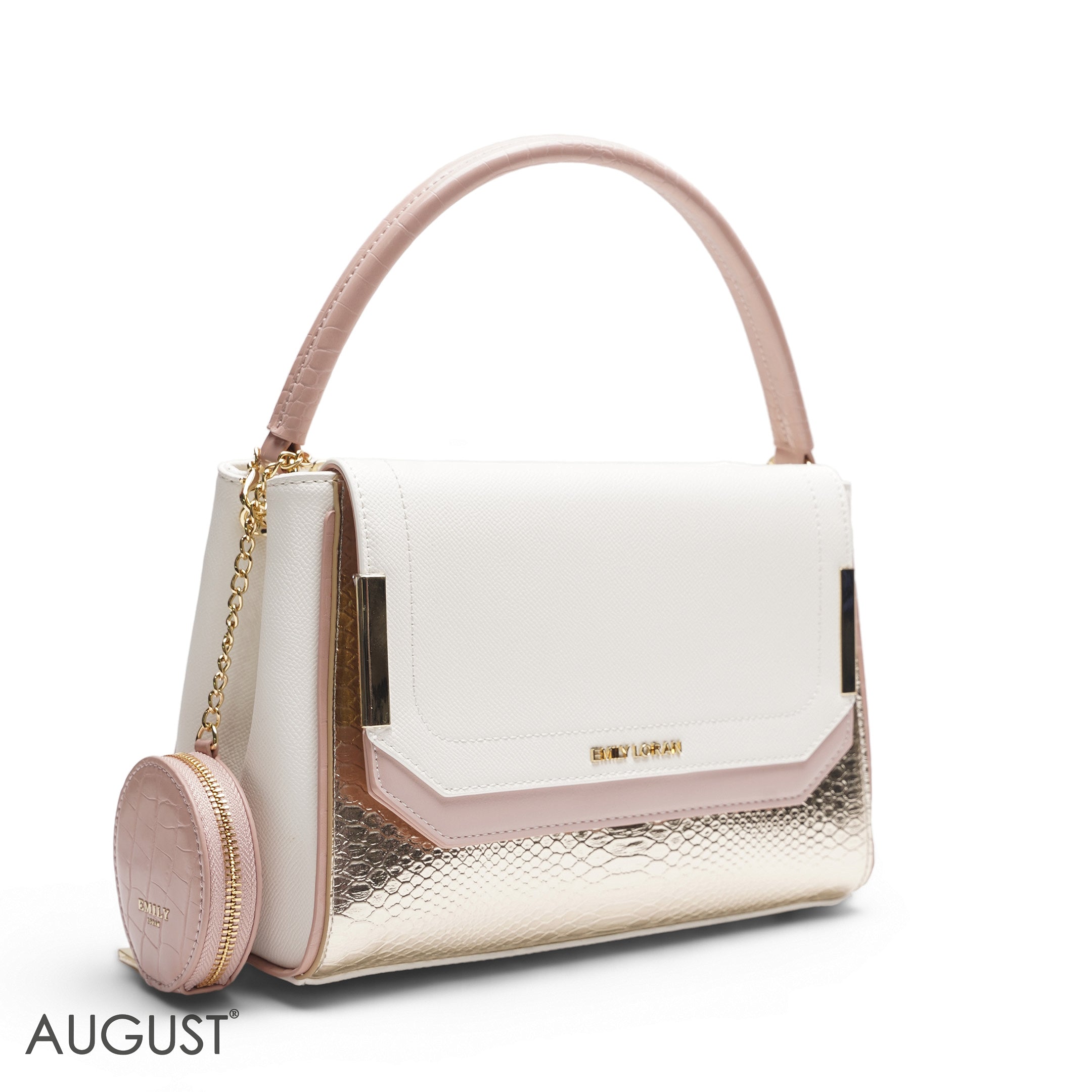 EMILY WHITE & ROSE GOLD SNAKESKIN SATCHEL BAG WITH ROUND POUCH - MED