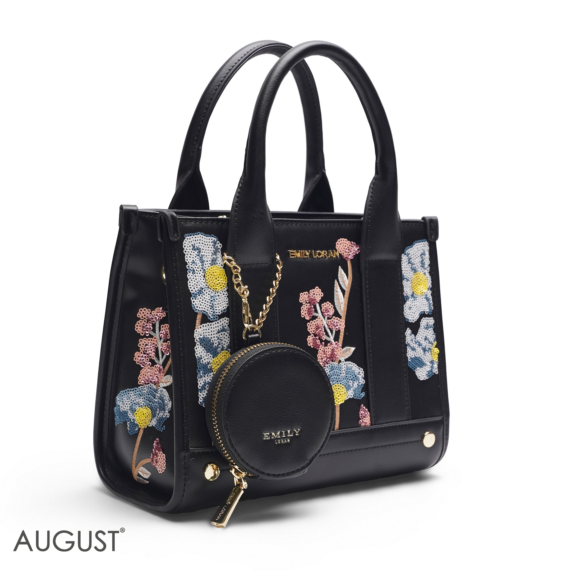 BLACK SEQUIN FLORAL TOTE WITH ROUND POUCH