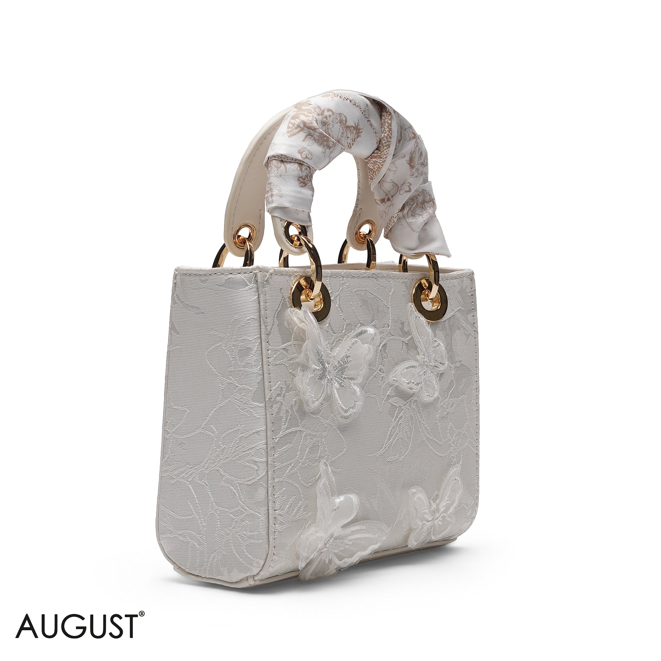 WHITE BUTTERFLY EMBROIDERED LACE MINI TOTE BAG