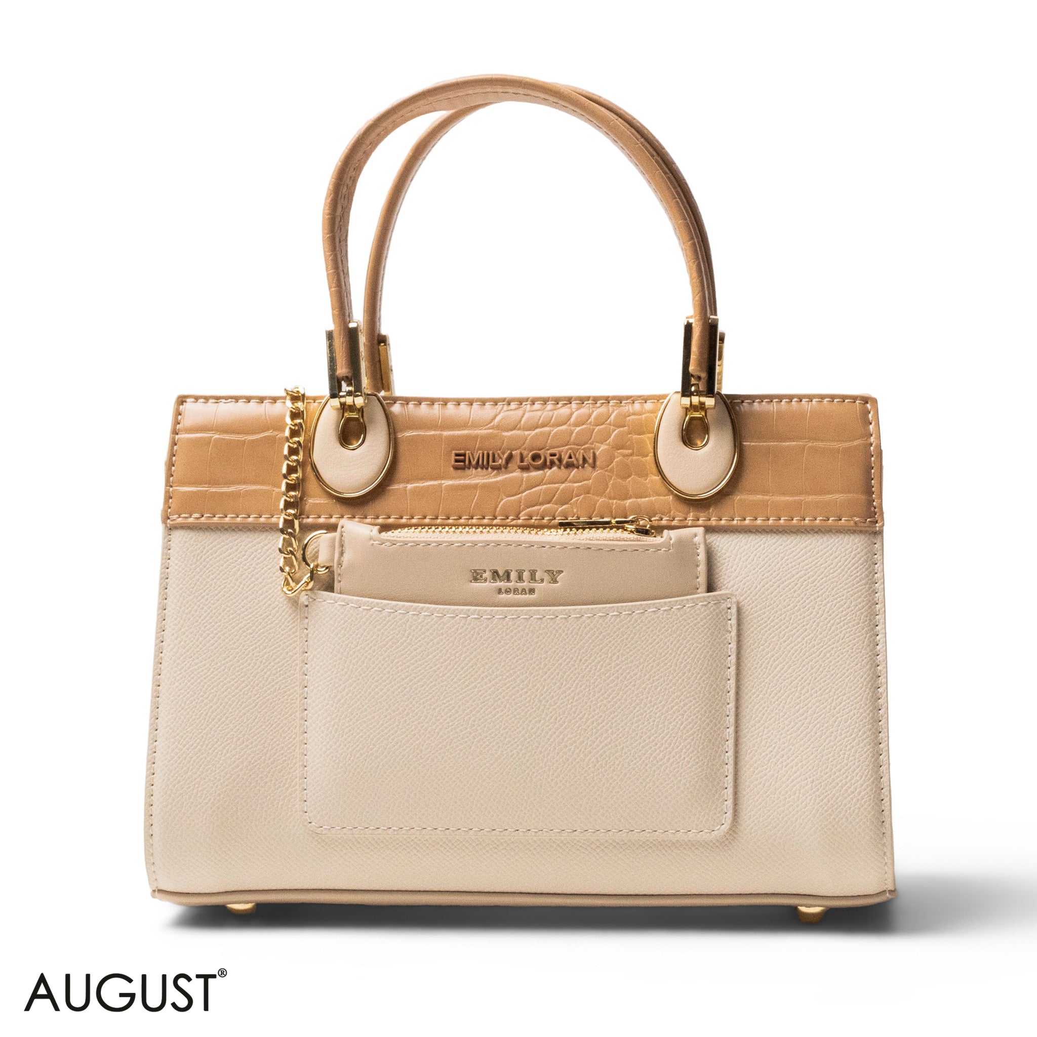BEIGE LEATHER SMOOTH HANDBAG WITH CROC DETAILS-SMALL