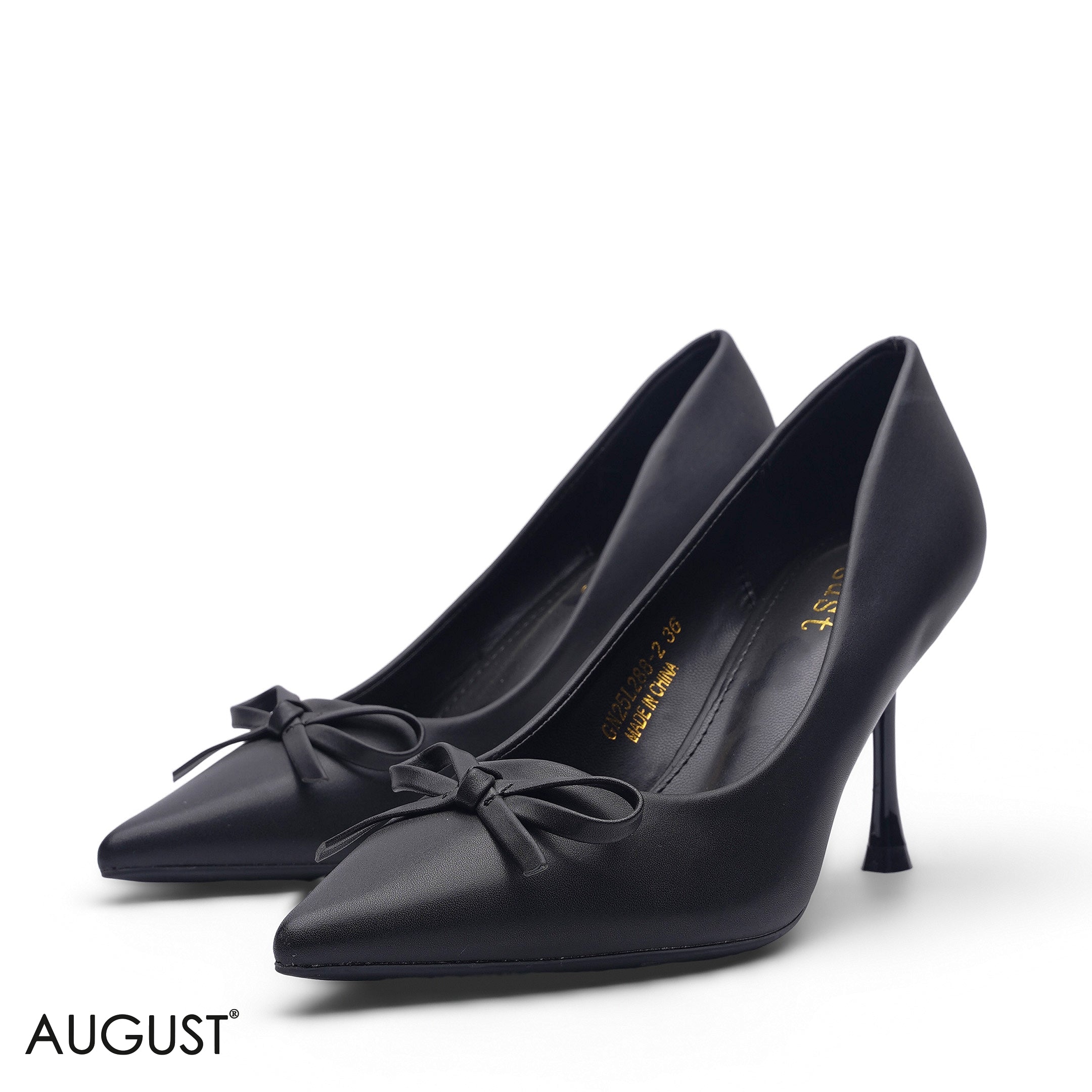 BLACK MATTE LEATHER BOW ACCENT POINTED TOE HEELS