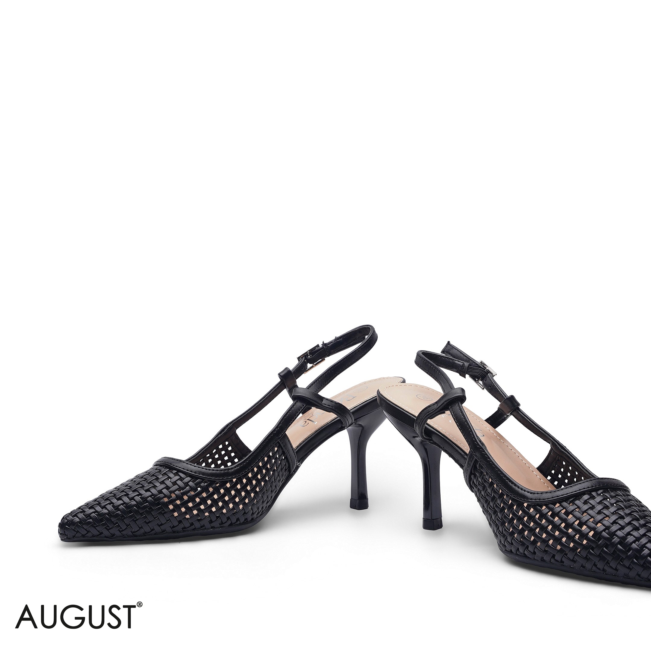 BLACK WOVEN LEATHER POINTED-TOE SLINGBACK HEELS