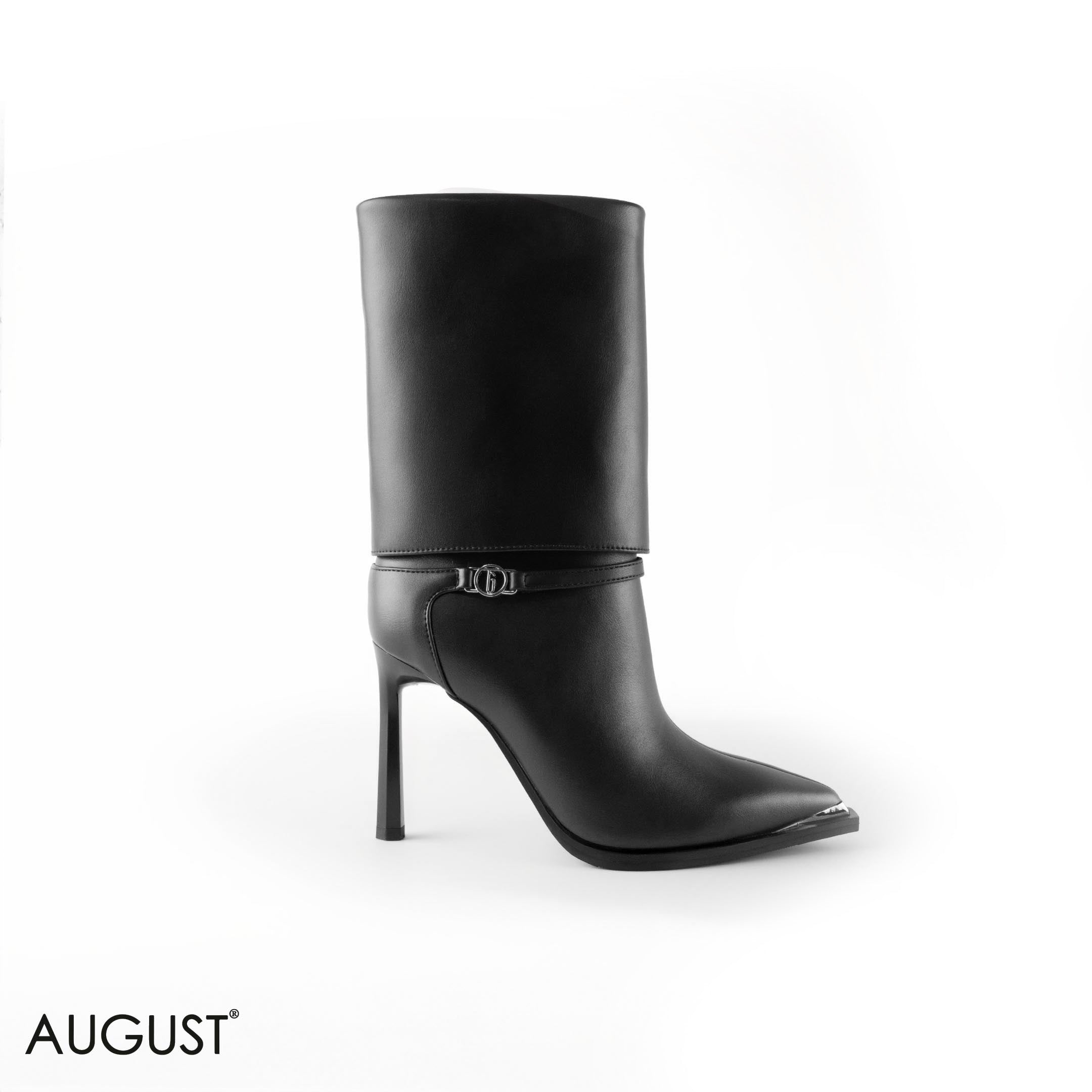 BLACK LEATHER STILETTOS HEELED BOOTS WITH BUCKLE DETAIL