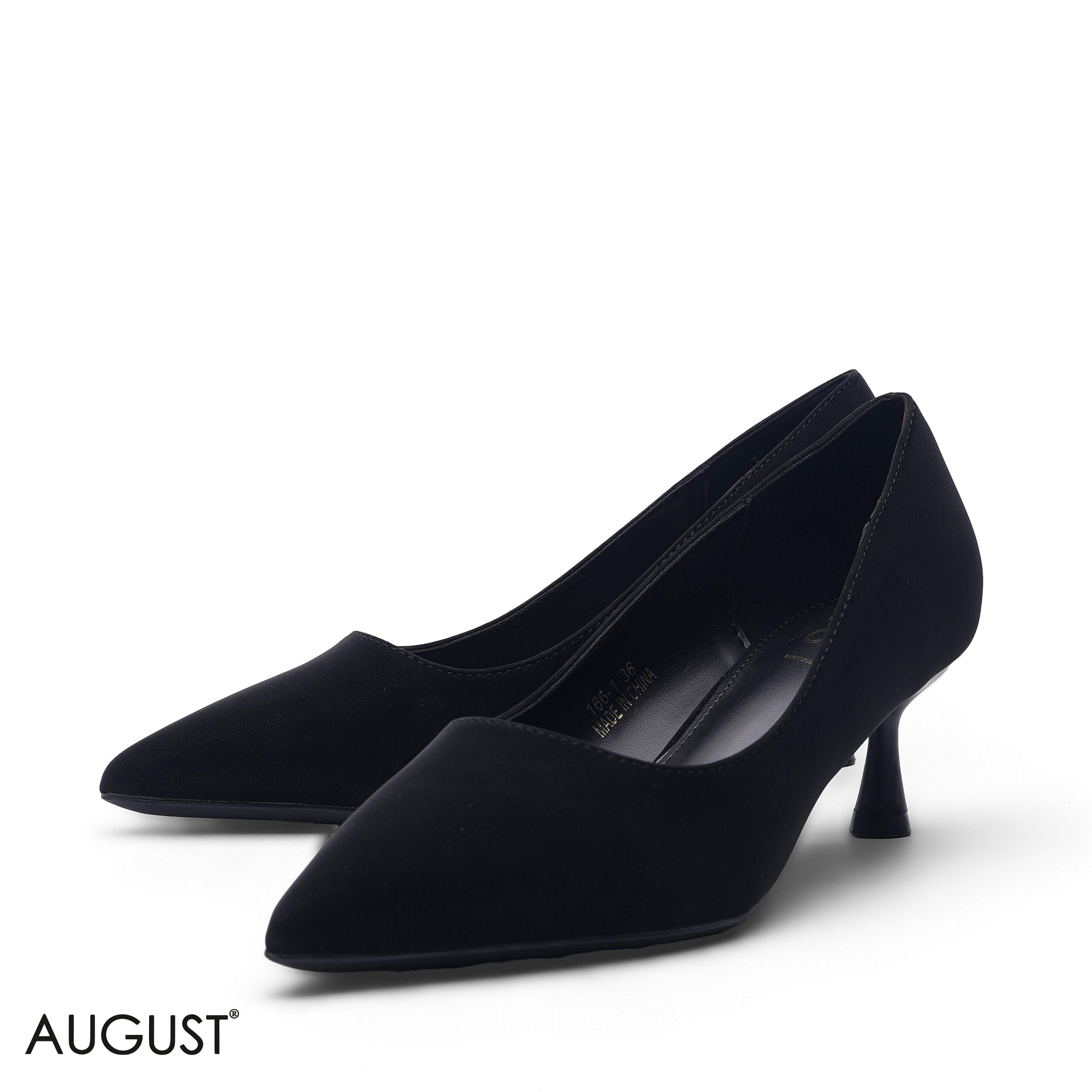 BLACK LEATHER POINTED-TOE MED-HEEL PUMPS