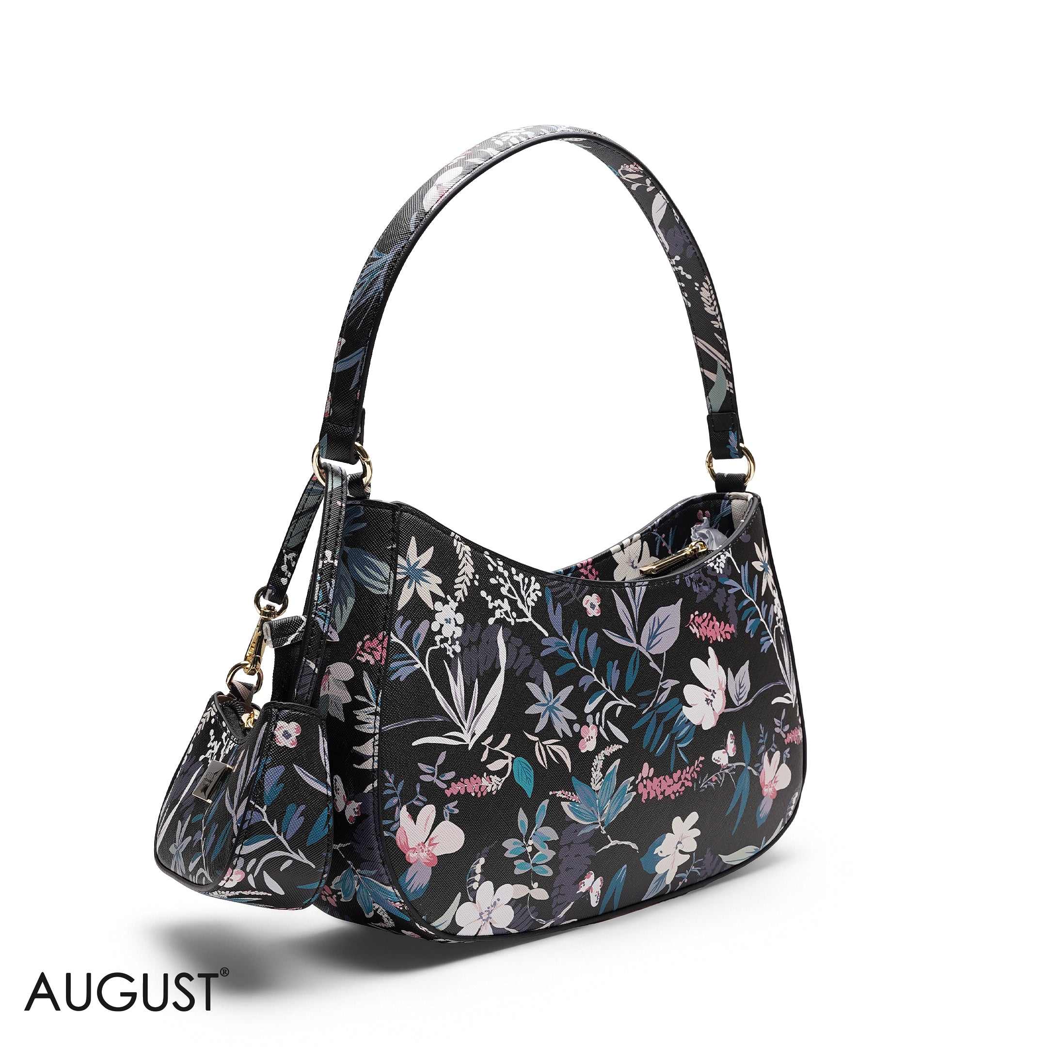 BLACK FLORAL SHOULDER HOBO BAG WITH MINI BAG