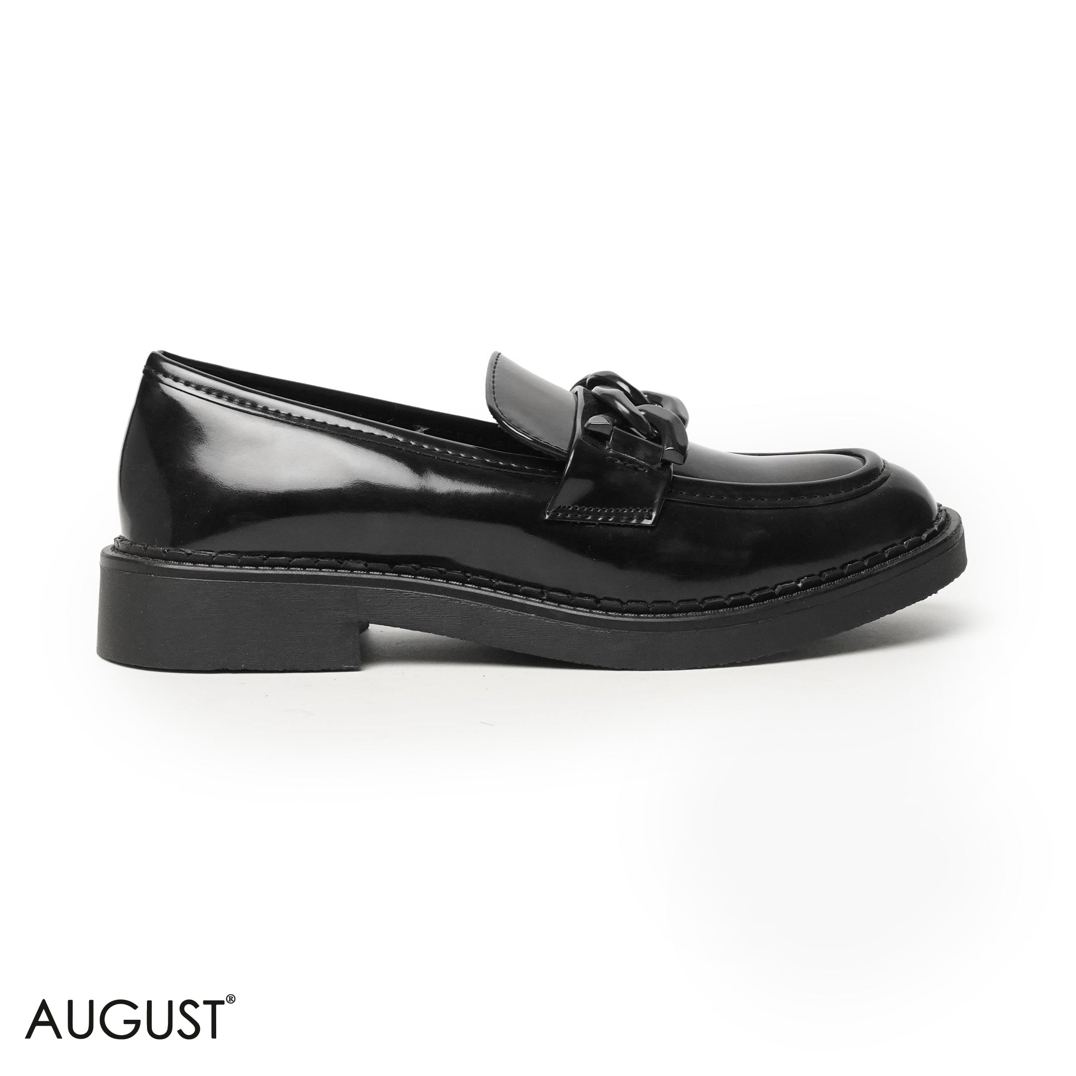 GLOSSY LEATHER LOAFERS WITH METAL BELT