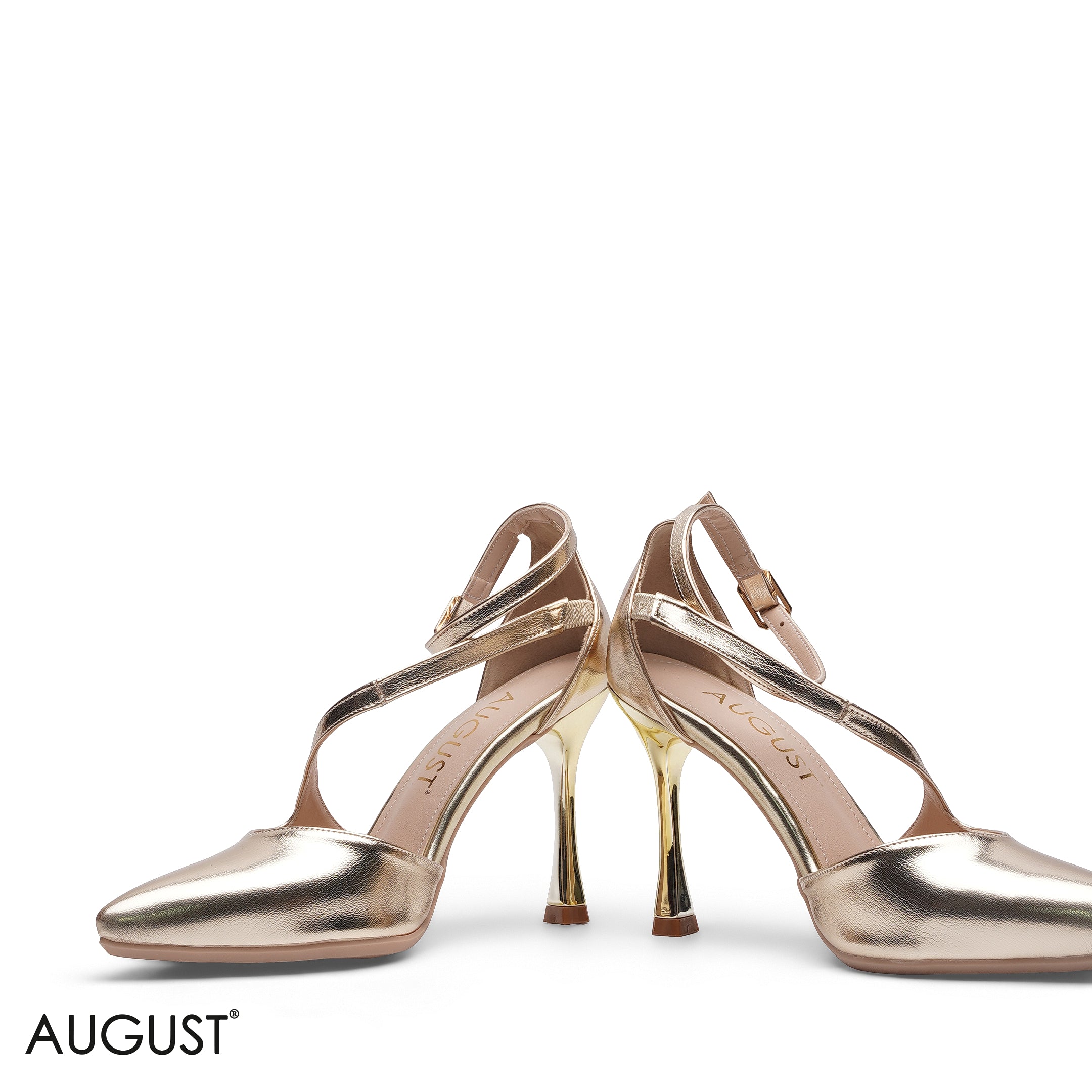 GOLD METALLIC CROSS STRAP POINTED TOE HIGH HEELS