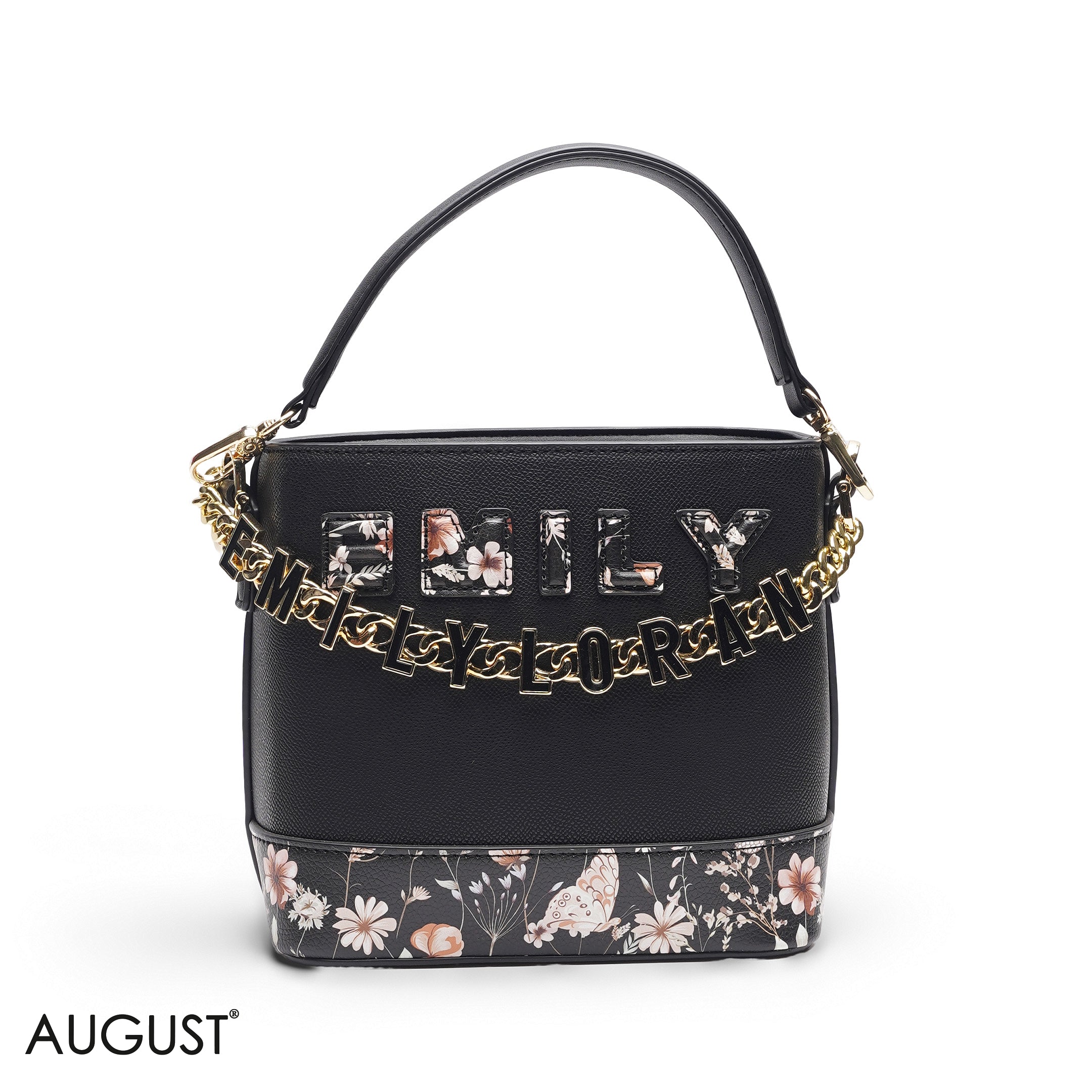 BLACK FLORAL TOTE WITH GOLD CHAIN & STRAP